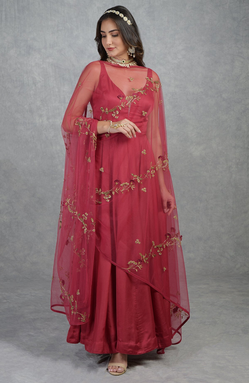 Garnet red Anarkali set with 3D floral suede petals and crystal bead embroidery on tulle.