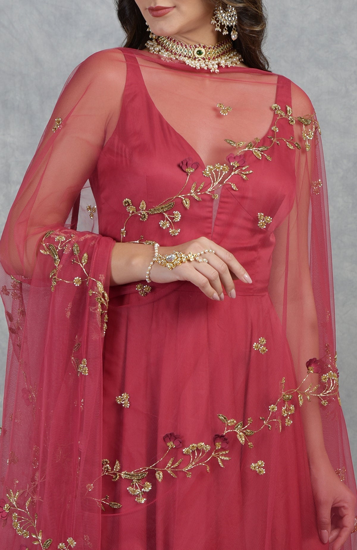 Garnet tulle dupatta with 3D floral suede petals, crystal beads, and gold hand embroidery