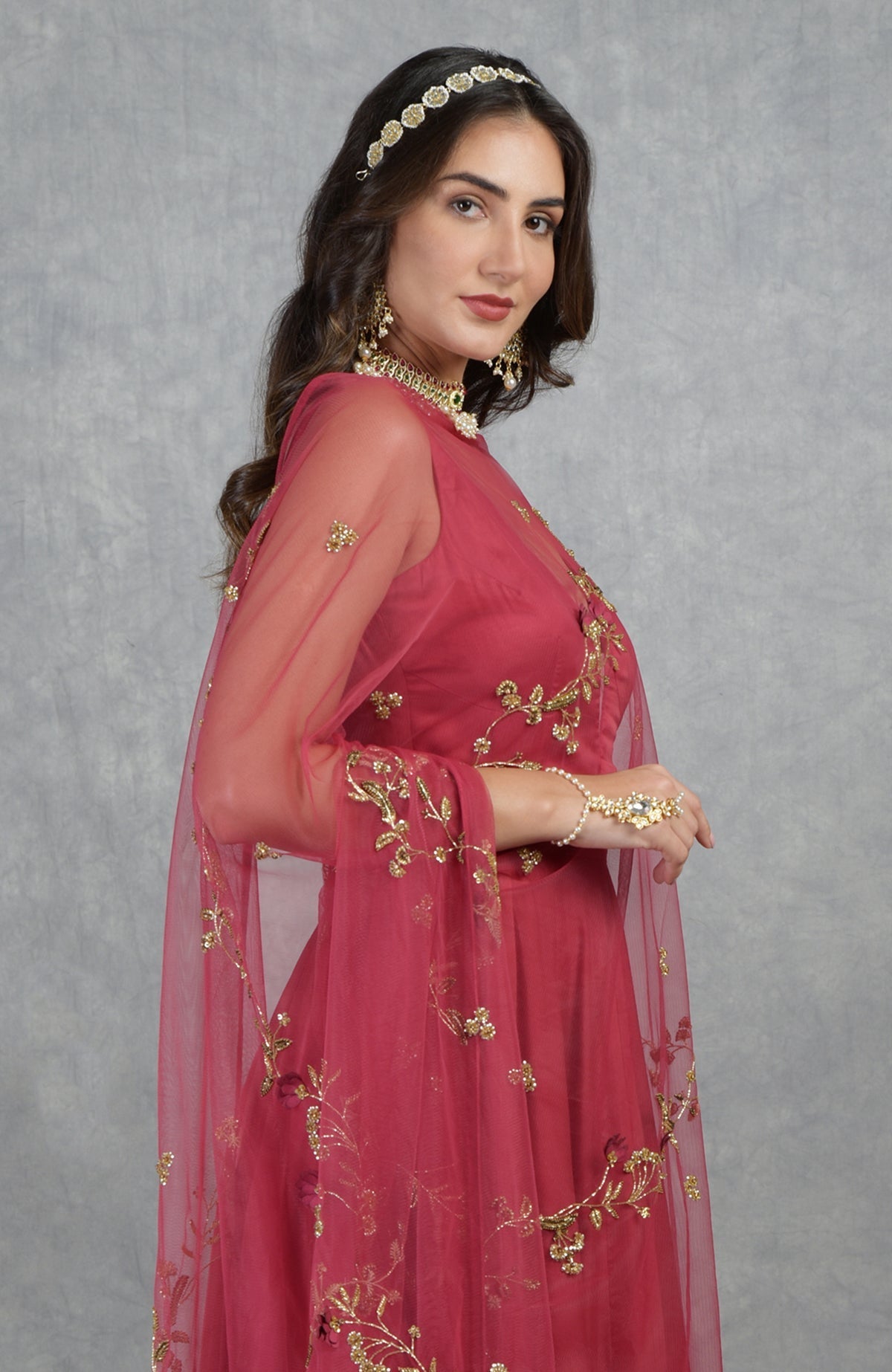 Deep red 3D floral hand embroidery with crystal beads on garnet tulle dupatta