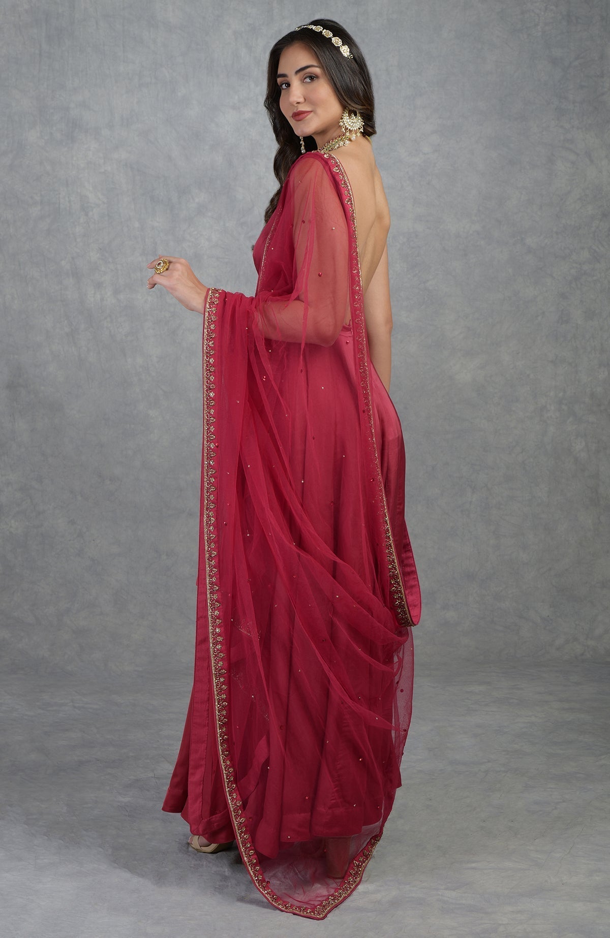 Garnet Anarkali set with hand-embroidered zardozi work and matching tulle dupatta