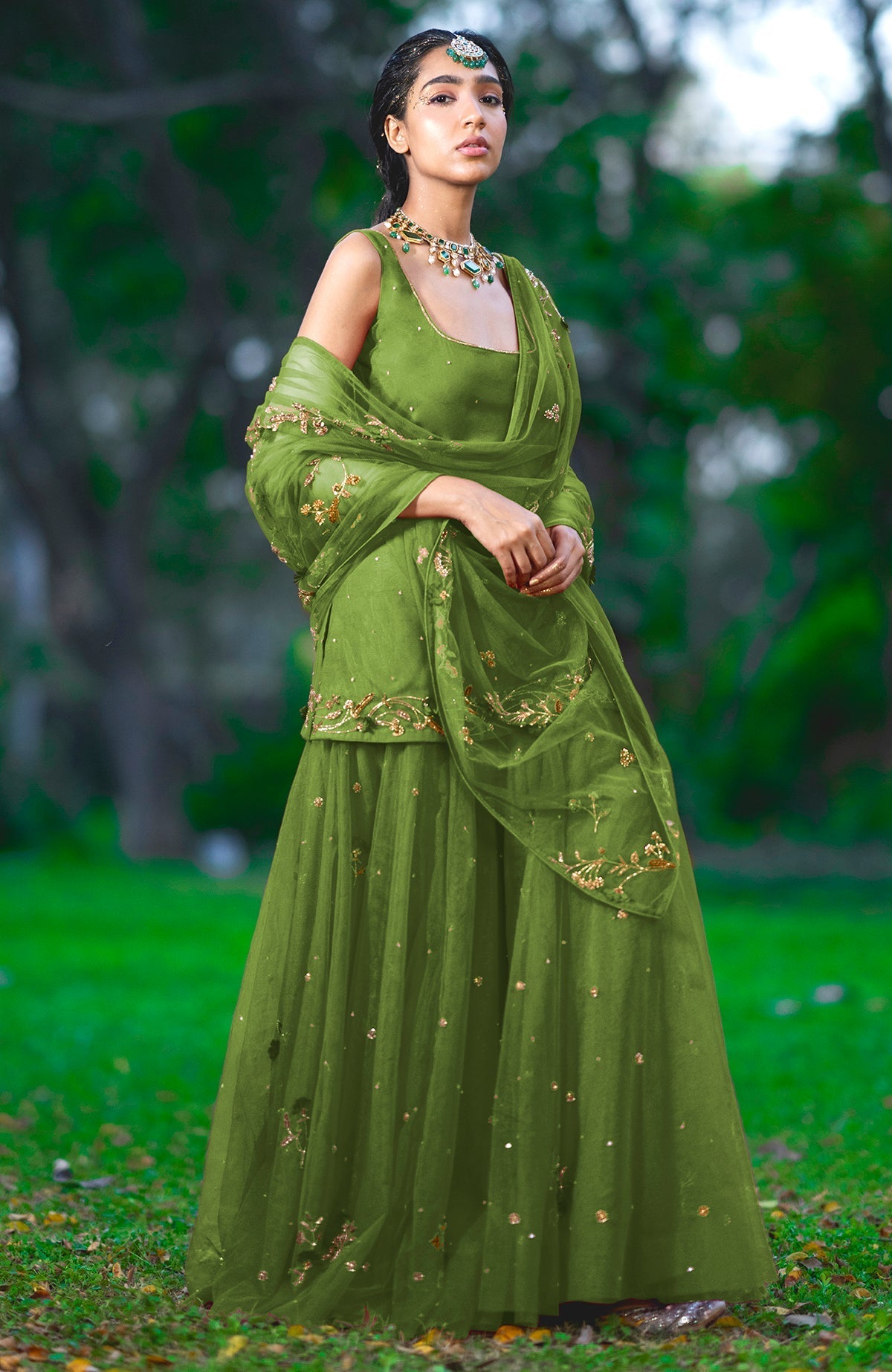 Mehandi green sharara set with 3D floral and zardozi hand embroidery on tulle fabric
