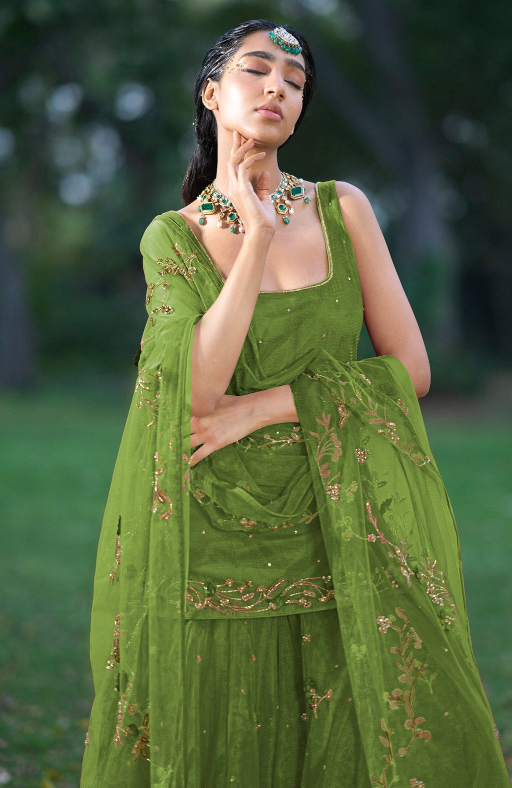 Mehandi green sharara set with 3D floral and zardozi hand embroidery on tulle fabric