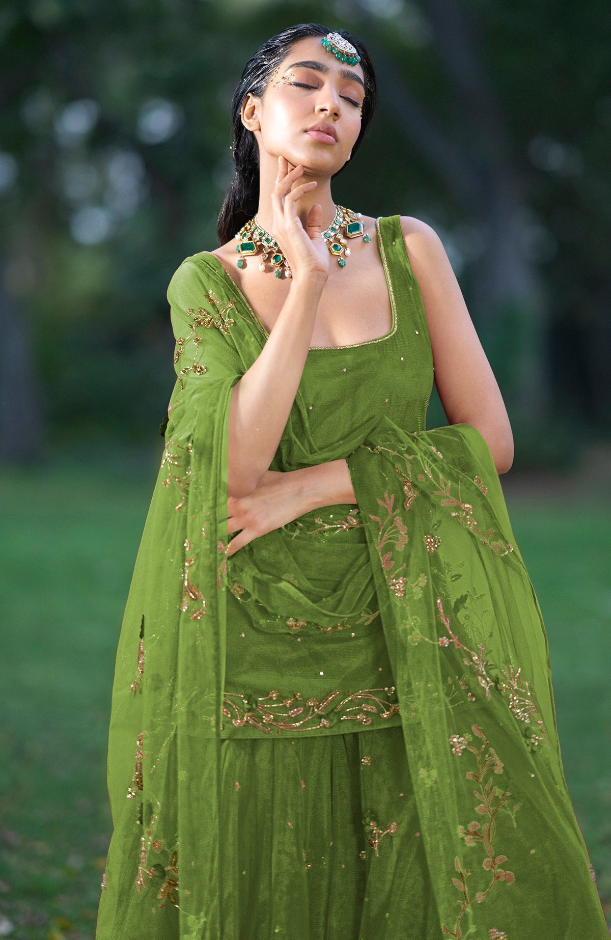 Mehandi green sharara set with 3D floral and zardozi hand embroidery on tulle fabric