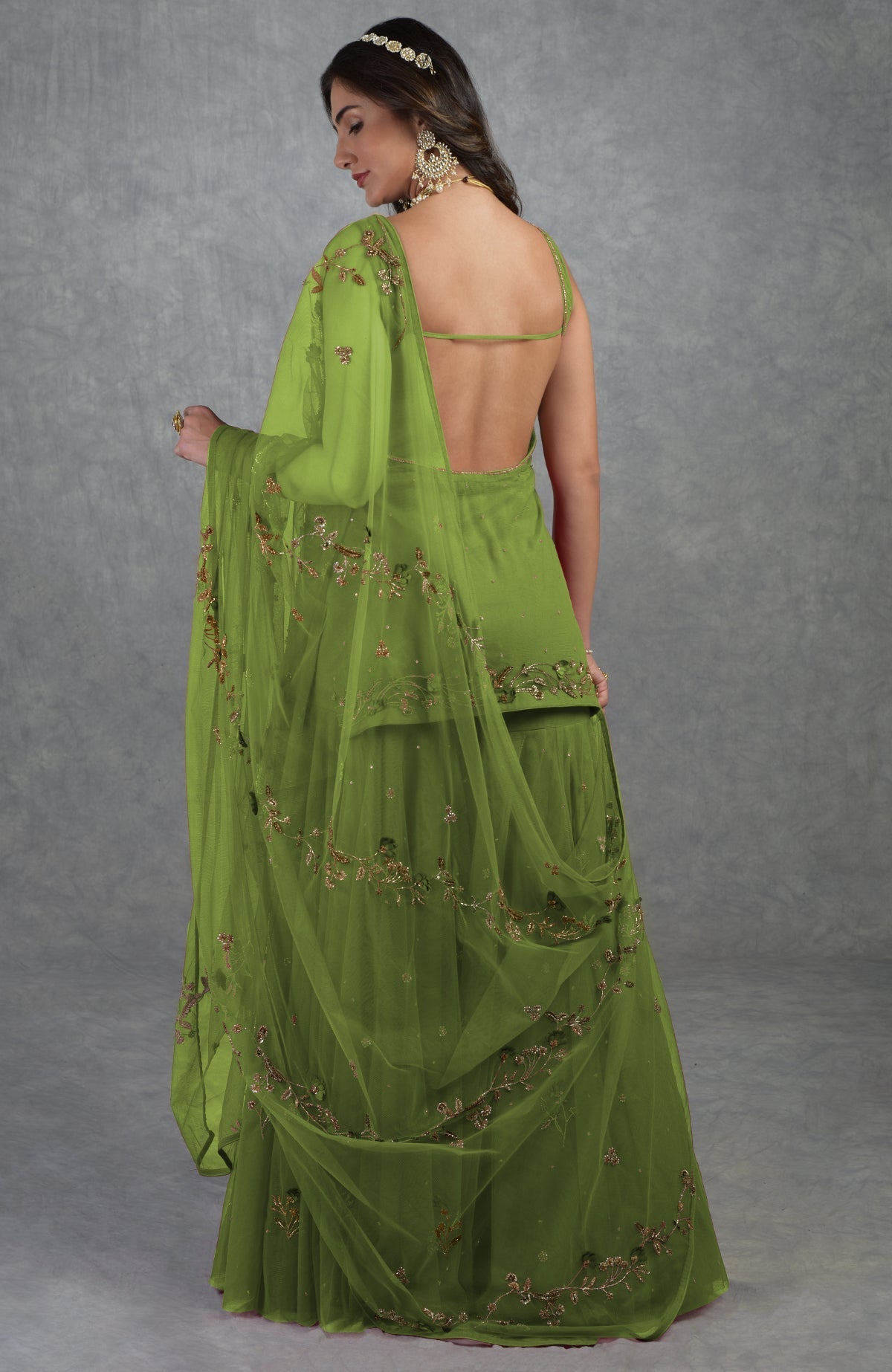 Mehandi green sharara set with 3D floral and zardozi hand embroidery on tulle fabric.