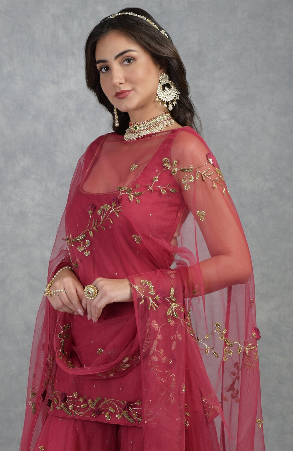 Red sharara set with 3D floral and zardozi hand embroidery on tulle fabric and deep scoop neck kurta.