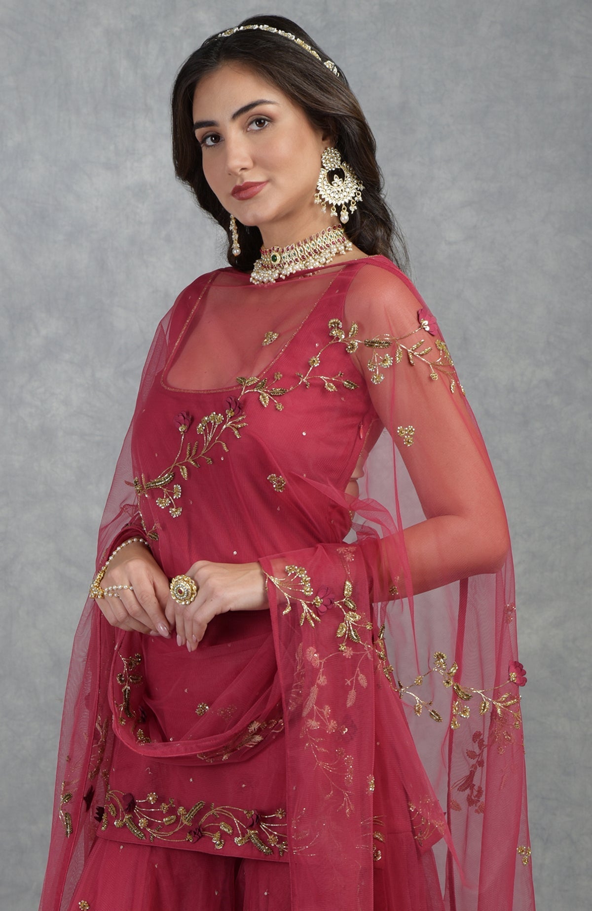 Red sharara set with 3D floral and zardozi hand embroidery on tulle fabric and deep scoop neck kurta.
