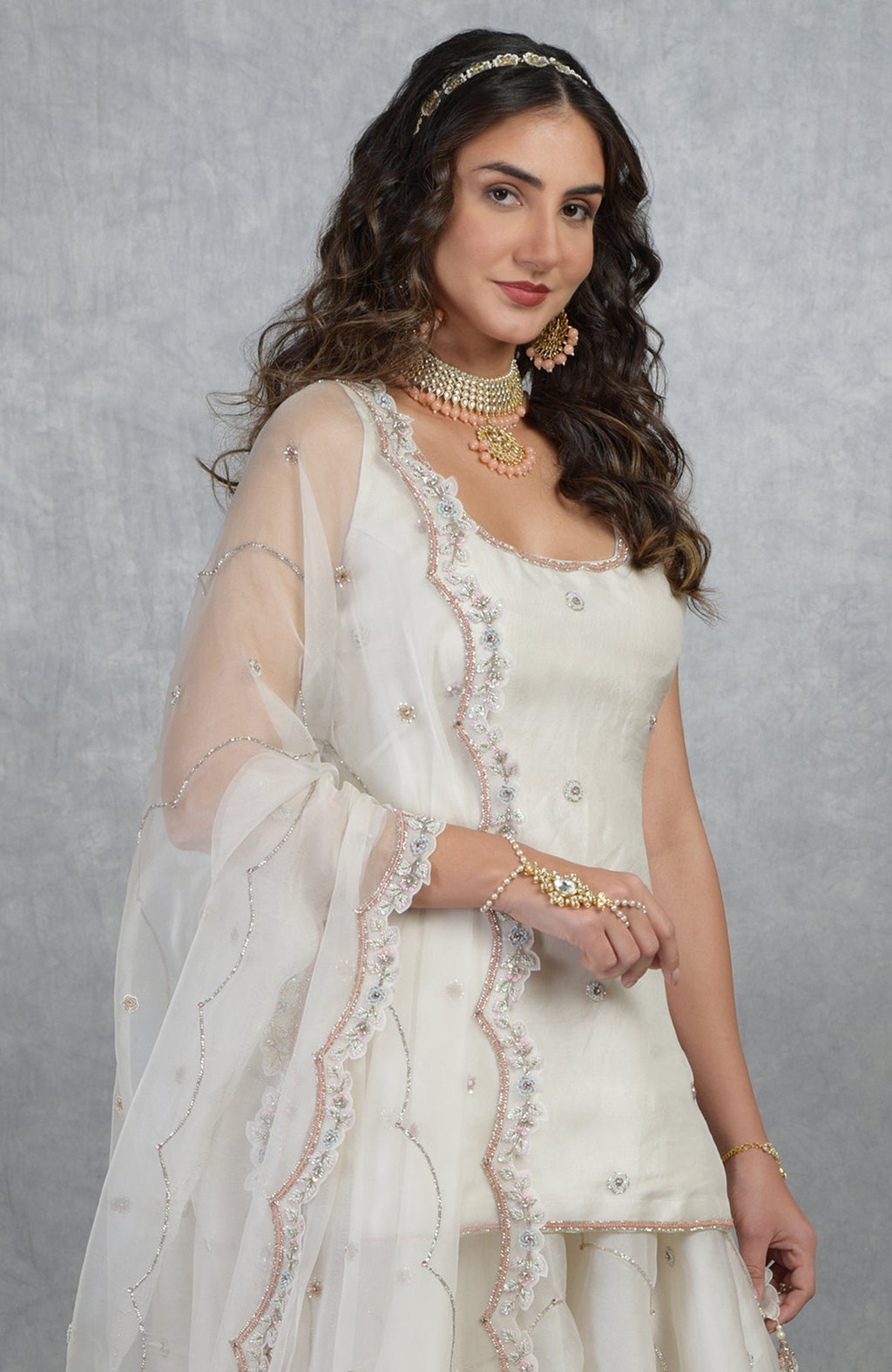 Off white silk organza sharara set with hand-embroidered floral beads, sequins, and crystal details
