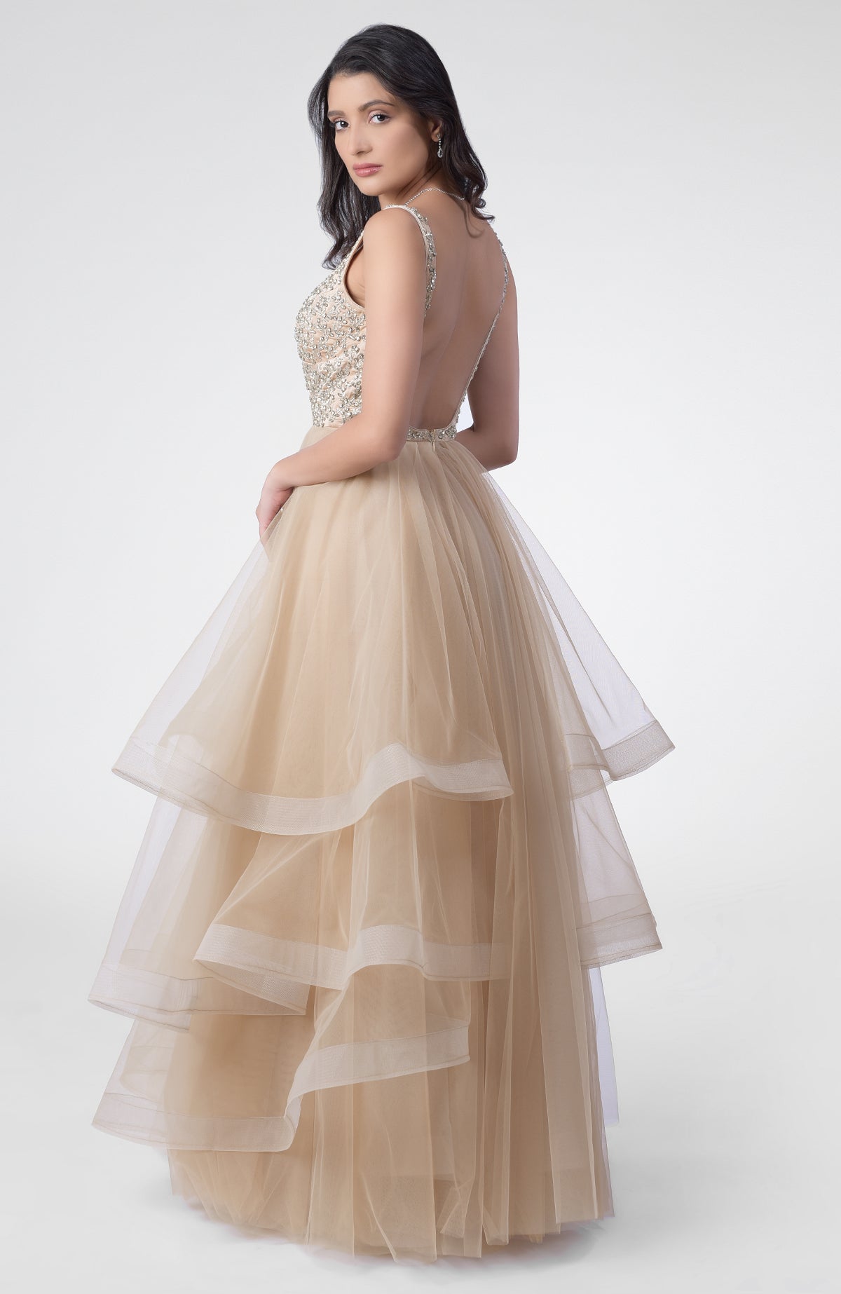Tiered princess gown with hand-embroidered Swarovski crystal bodice and open back design