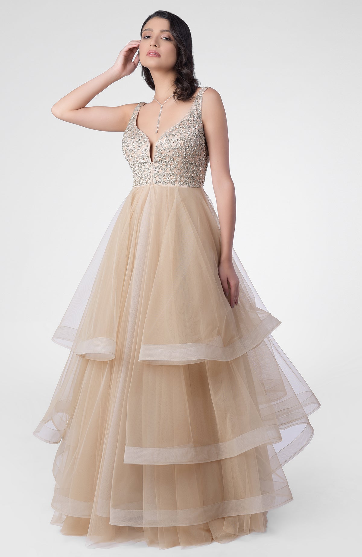 Tiered princess gown with hand-embroidered Swarovski crystal bodice and open back design