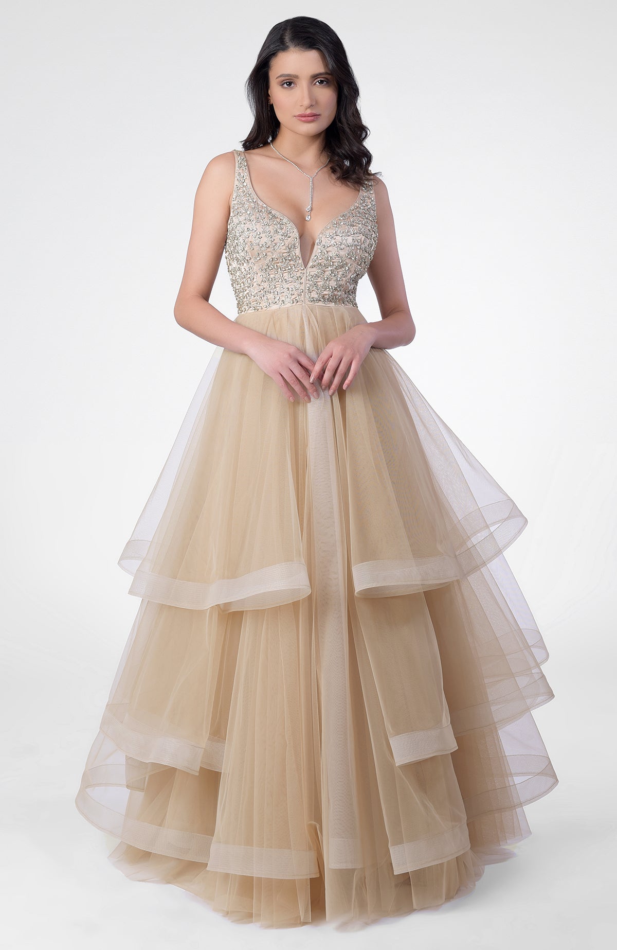 Princesse Crystal hand-embroidered tiered princess gown with a sweetheart neckline.