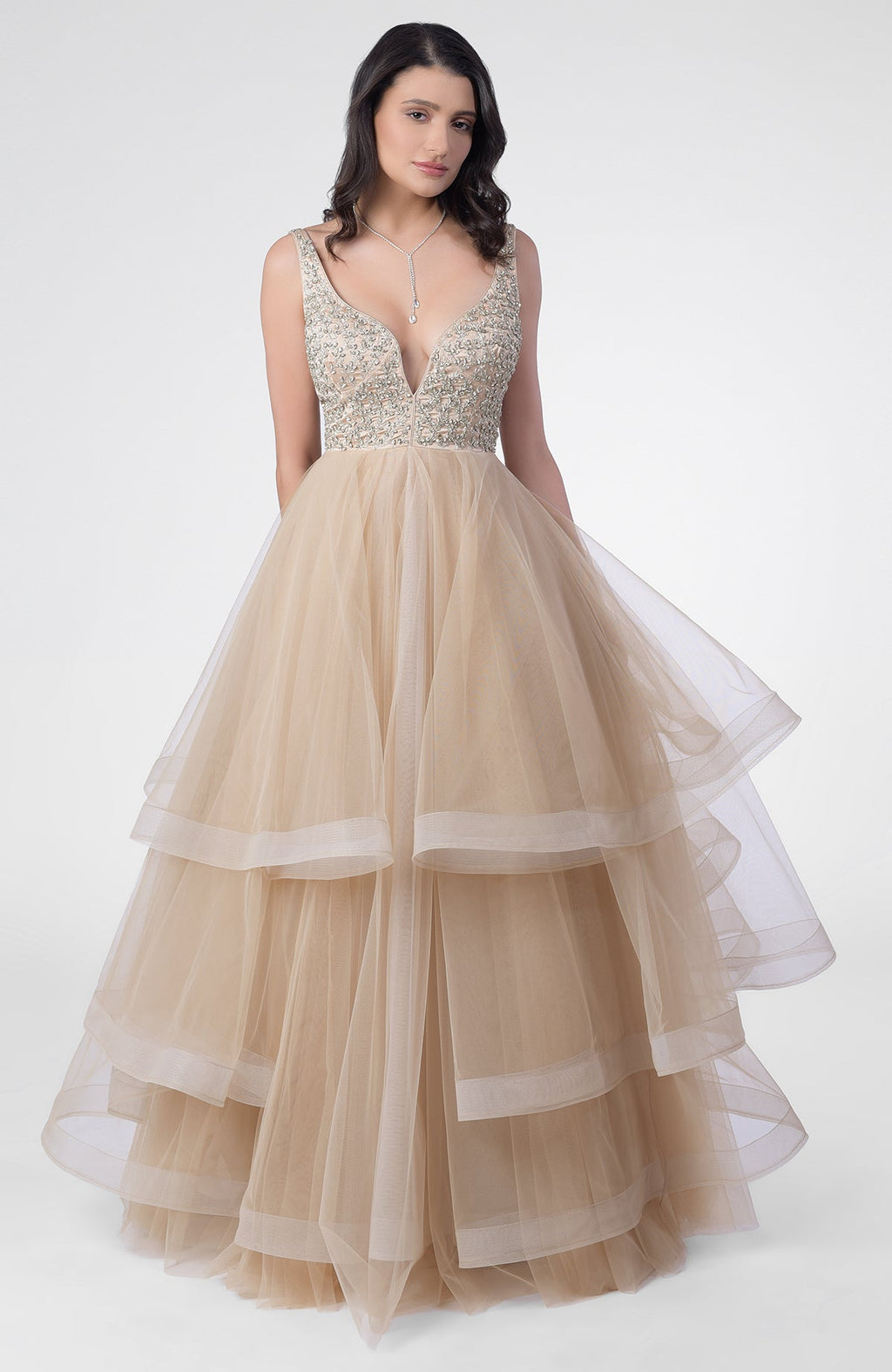 Tiered princess gown with hand-embroidered Swarovski crystal bodice and open back design