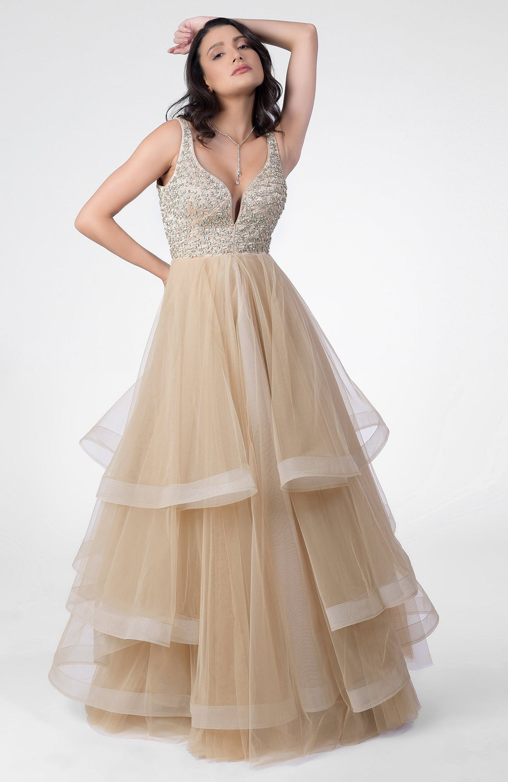 Tiered princess gown with hand-embroidered Swarovski crystal bodice and sweetheart neckline