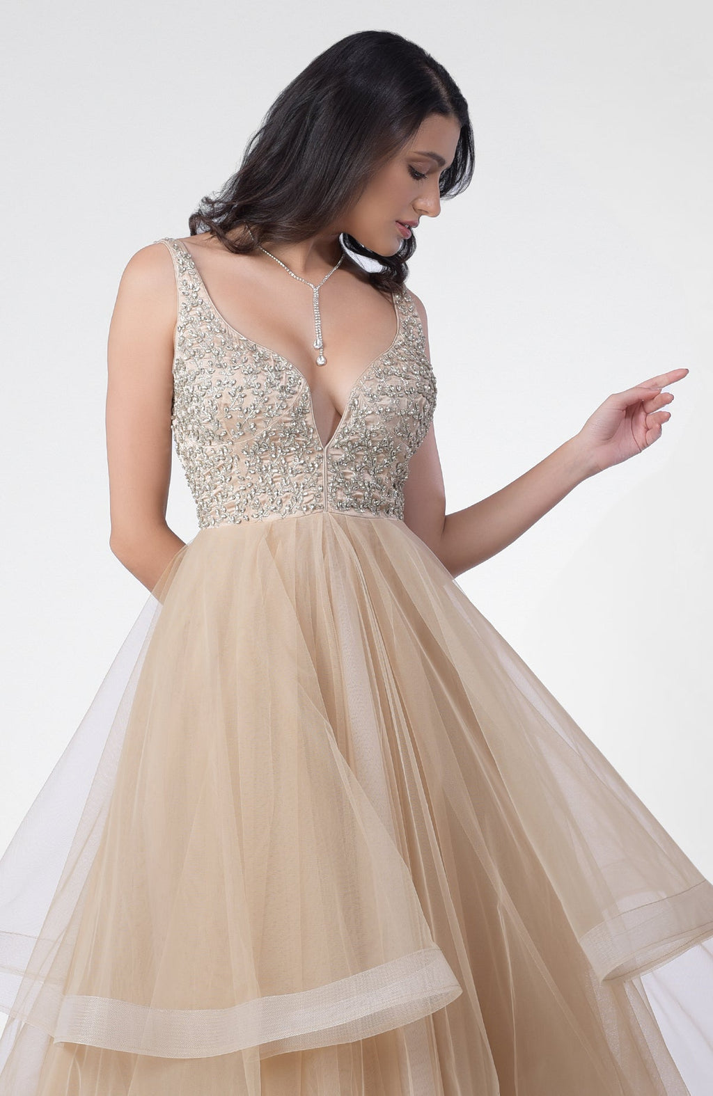 Tiered princess gown with hand-embroidered Swarovski crystal bodice and sweetheart neckline