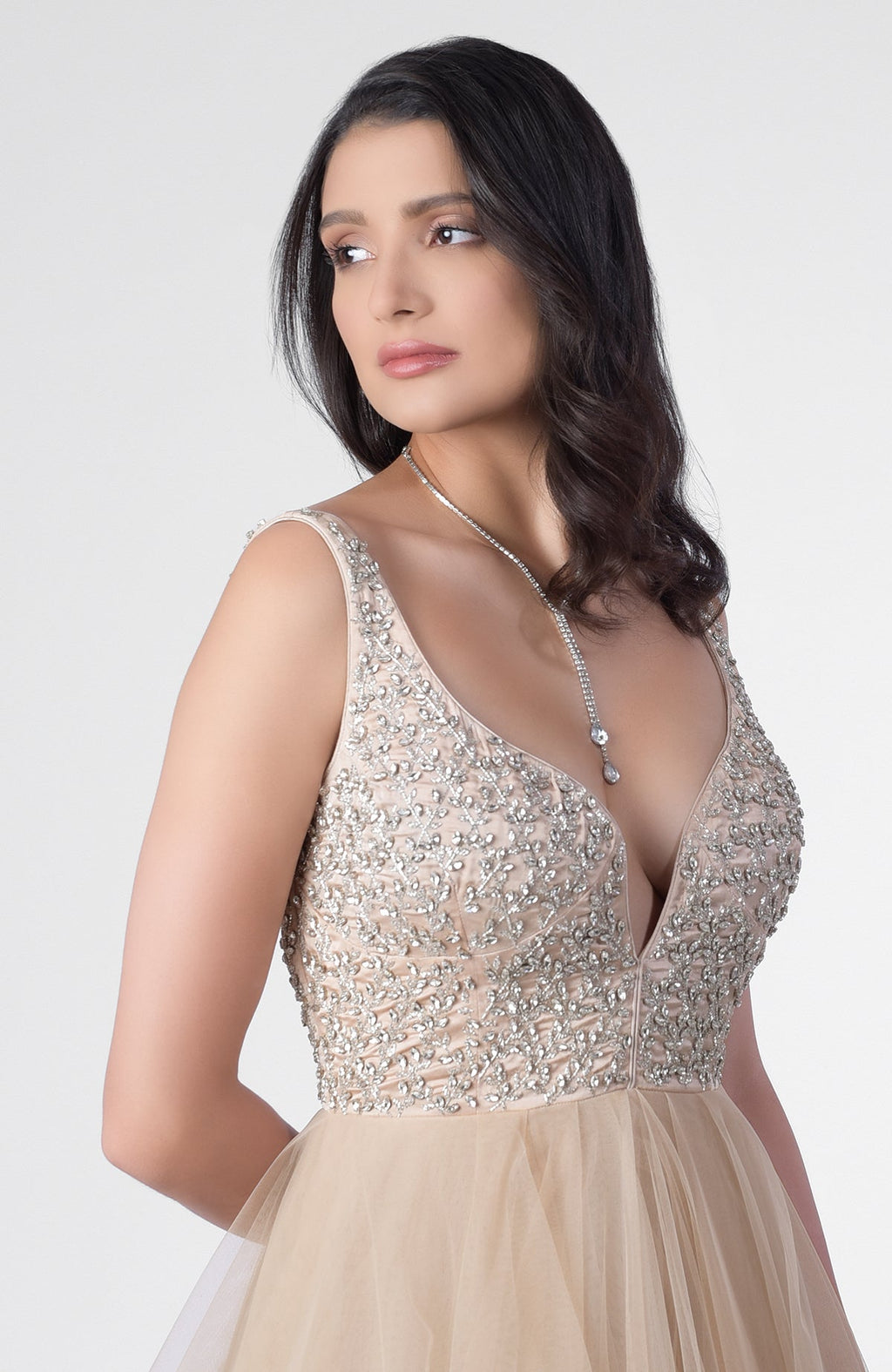 Tiered princess gown with hand-embroidered Swarovski crystal bodice and open back design