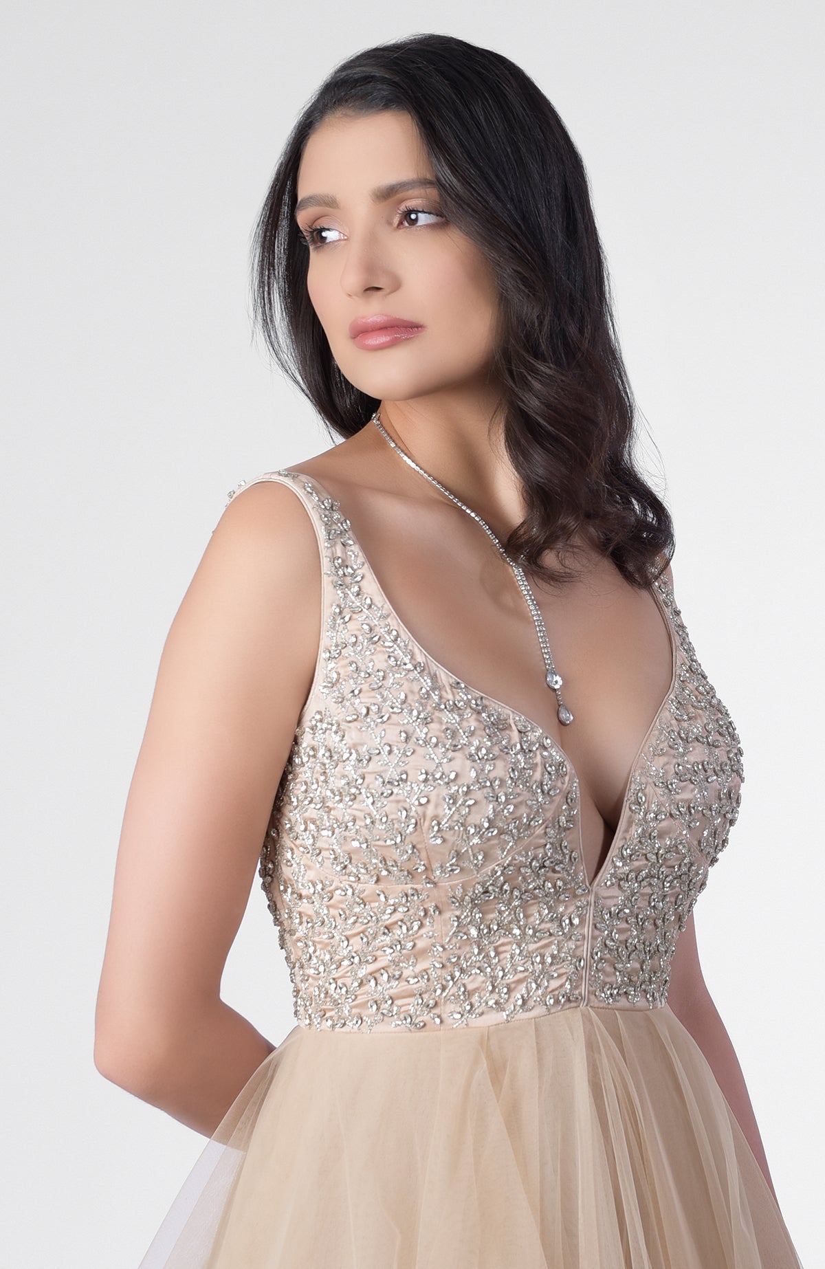 Tiered princess gown with hand-embroidered Swarovski crystal bodice and open back design