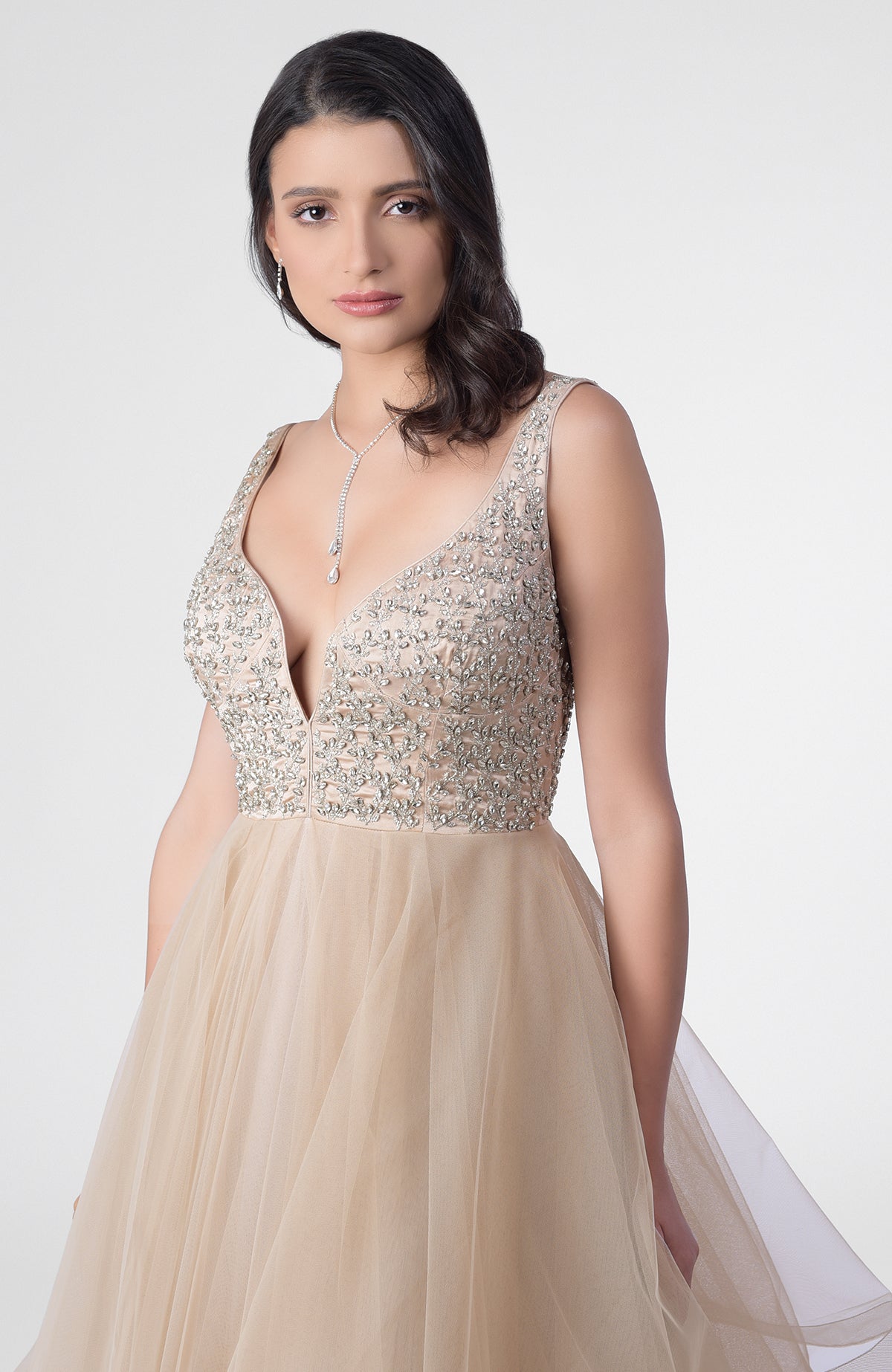 Tiered princess gown with hand-embroidered Swarovski crystal bodice and sweetheart neckline