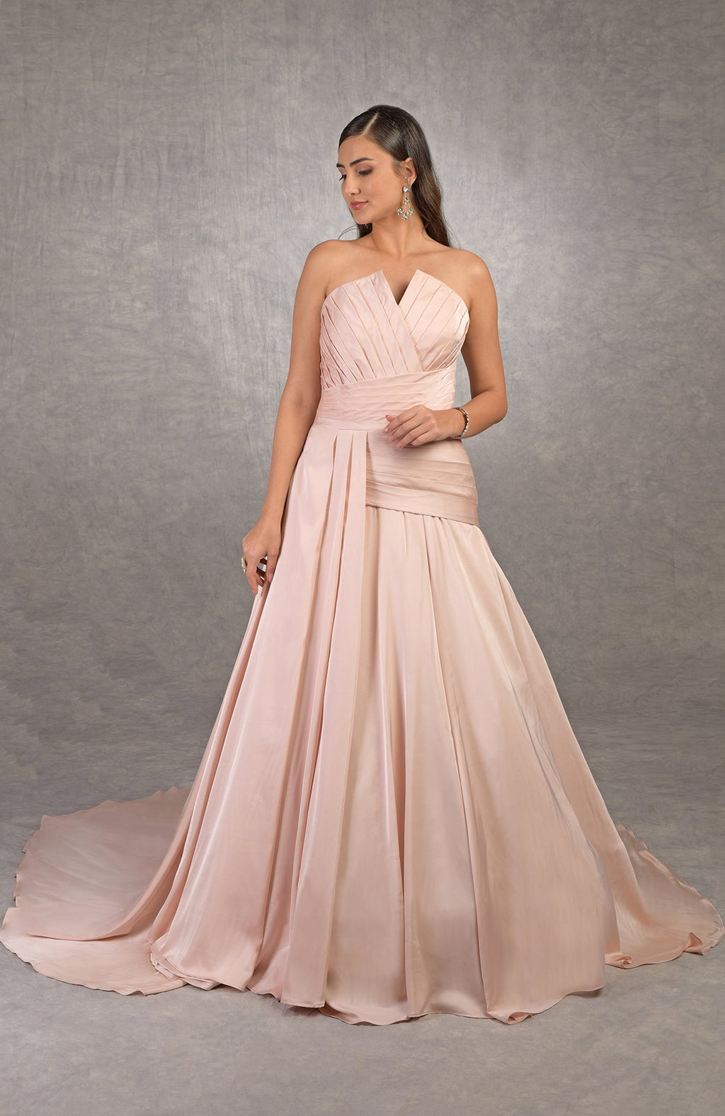 Strapless satin Athena gown with draped bodice and circular train for weddings