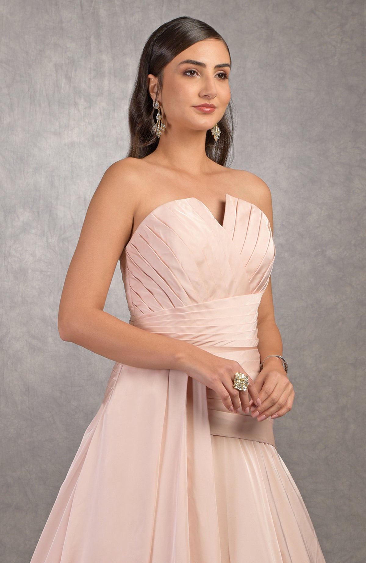 Strapless satin Athena gown with pleated bodice and circular train in a classic ballgown style