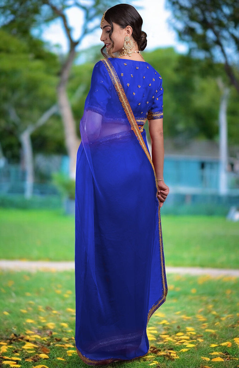 Royal blue crystal beads and zari hand-embroidered saree.