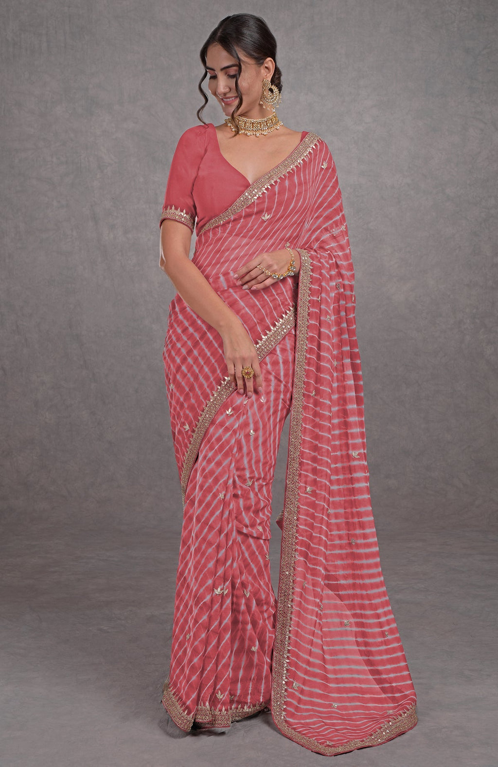 Garnet rose leheriya saree with rosegold marori-gota patti hand embroidery.