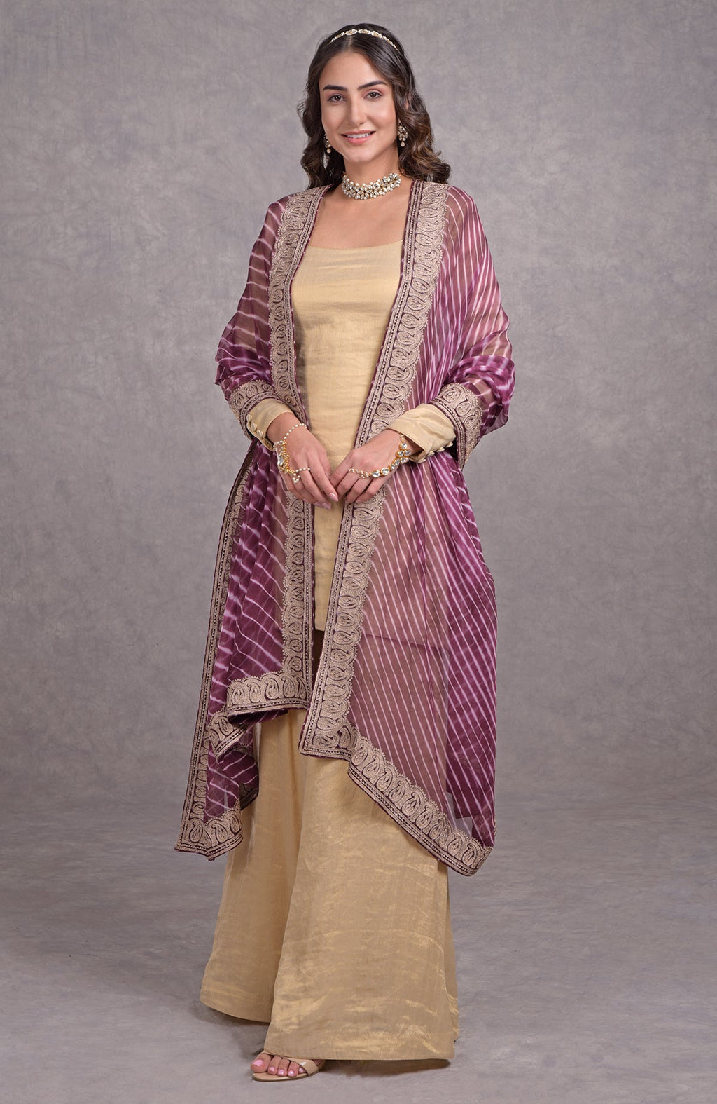 Burgundy purple chiffon dupatta with white leheriya and dull rose gold tilla border.