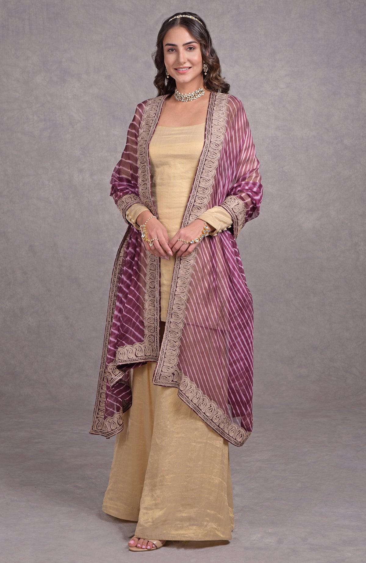Burgundy purple chiffon dupatta with white leheriya and dull rose gold tilla border.