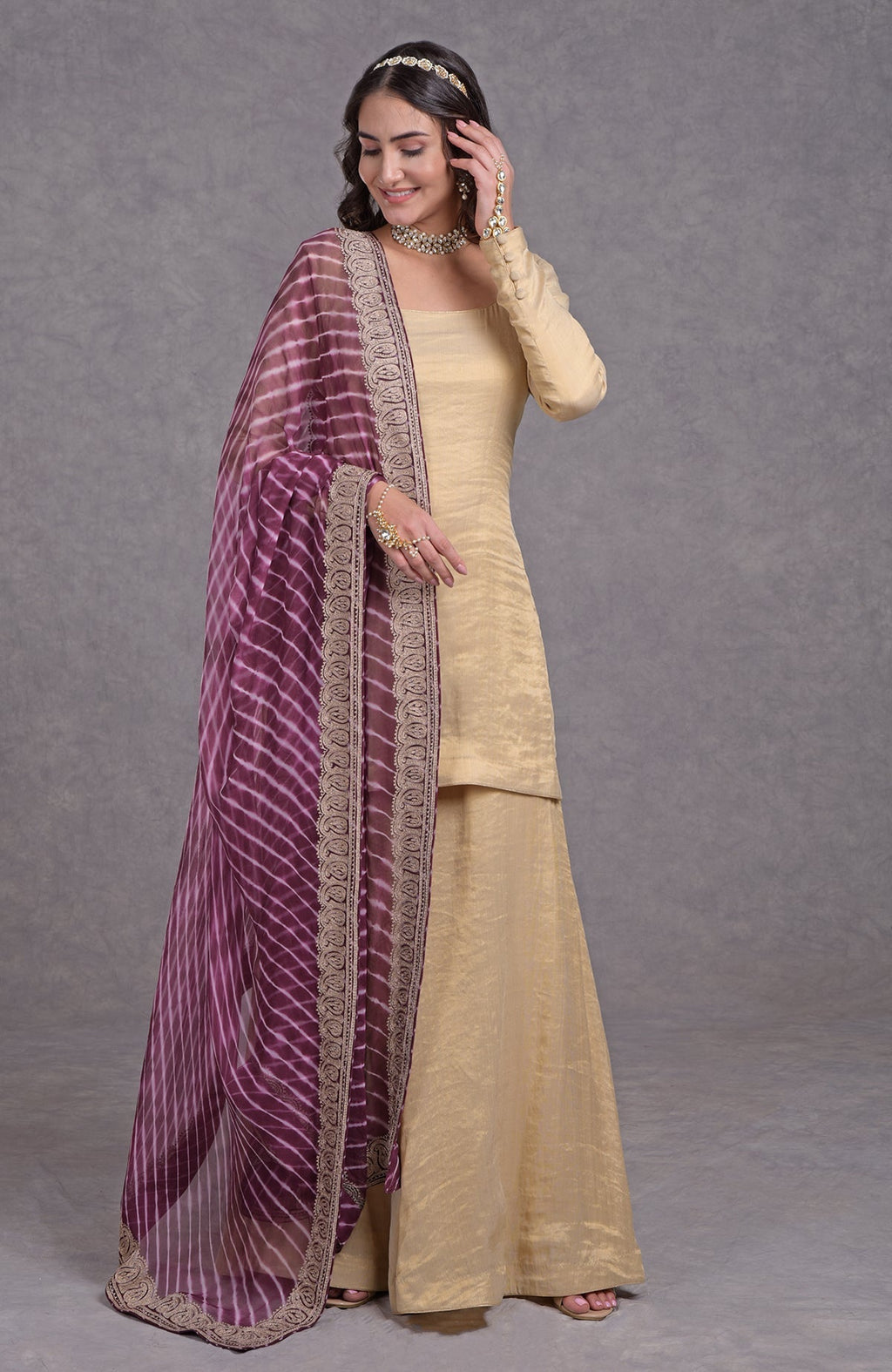 Burgundy purple chiffon dupatta with white leheriya and dull rose gold tilla border detailing