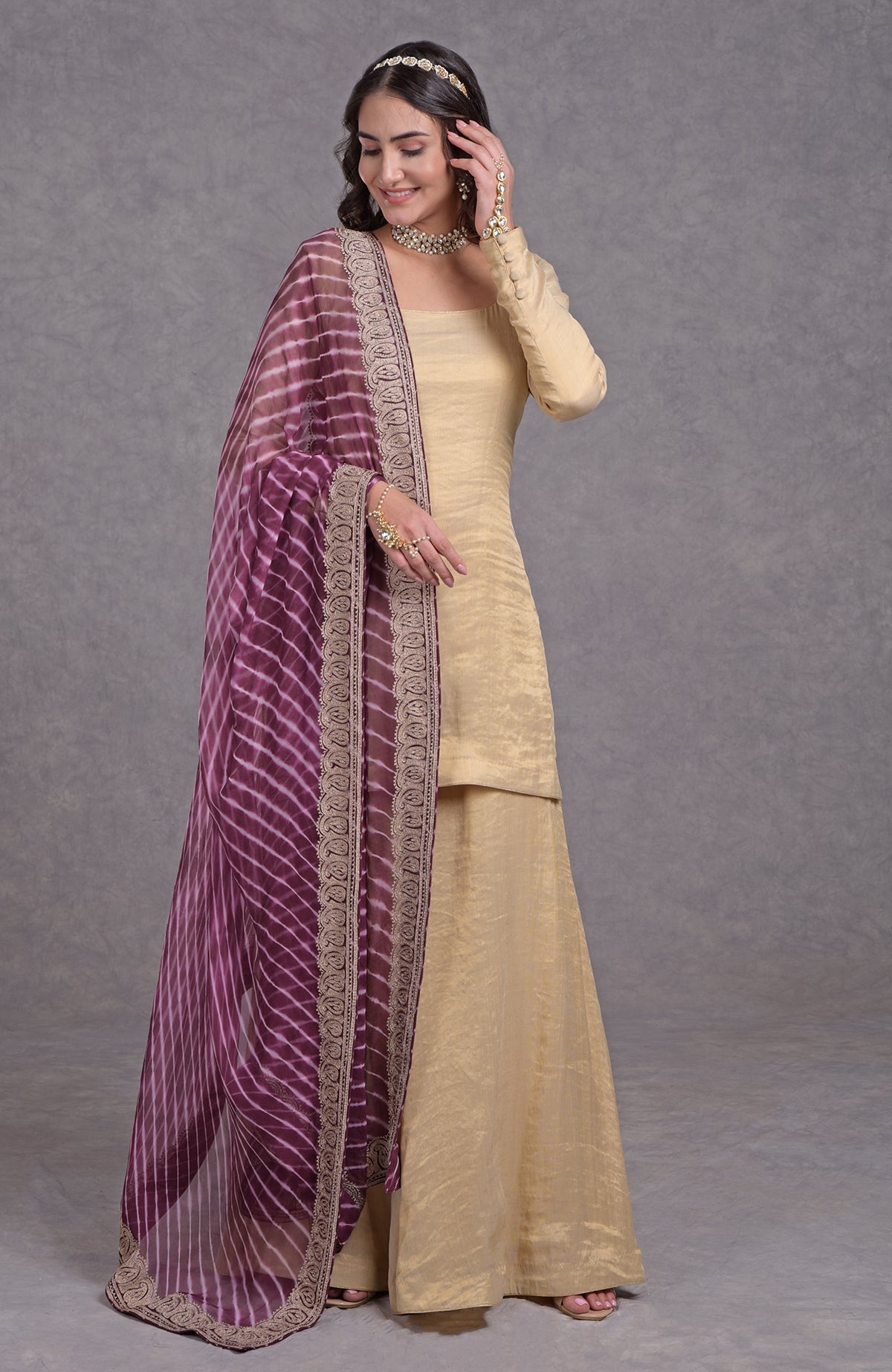 Burgundy purple chiffon dupatta with white leheriya and dull rose gold tilla border detailing