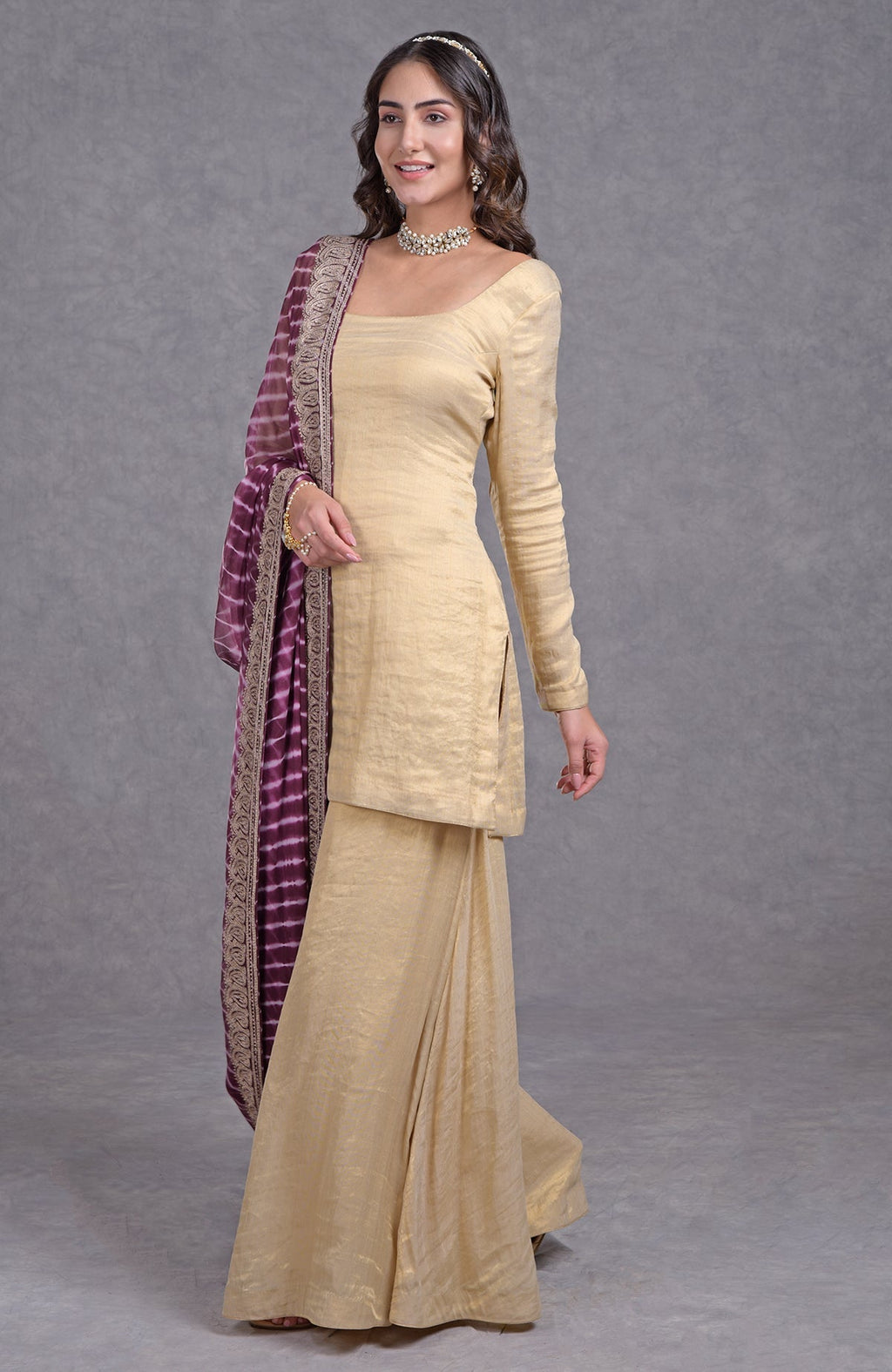 Burgundy purple chiffon dupatta with white leheriya and gold tilla paisley border.