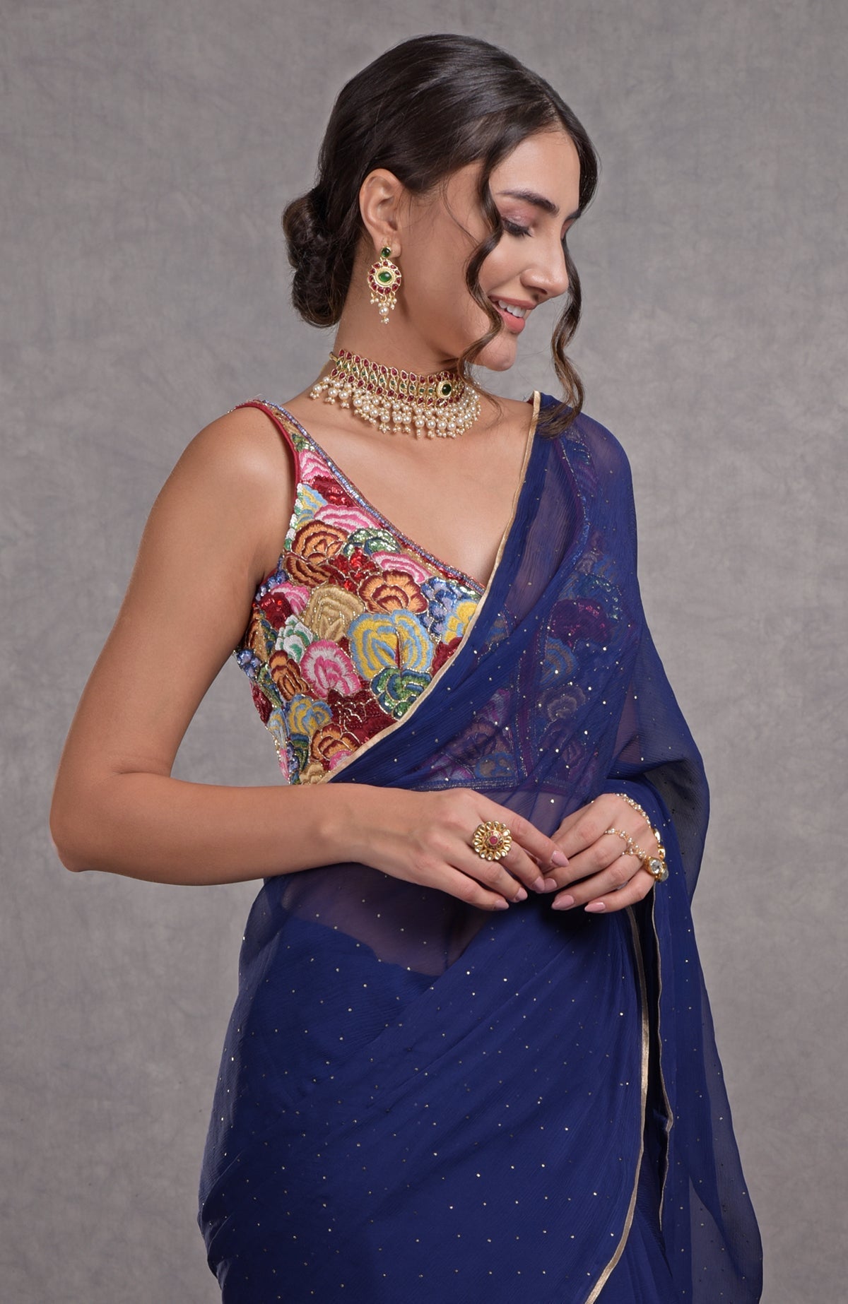 Classic blue saree with multicolor floral resham, dabka, sequin, bead, and kamdani embroidery