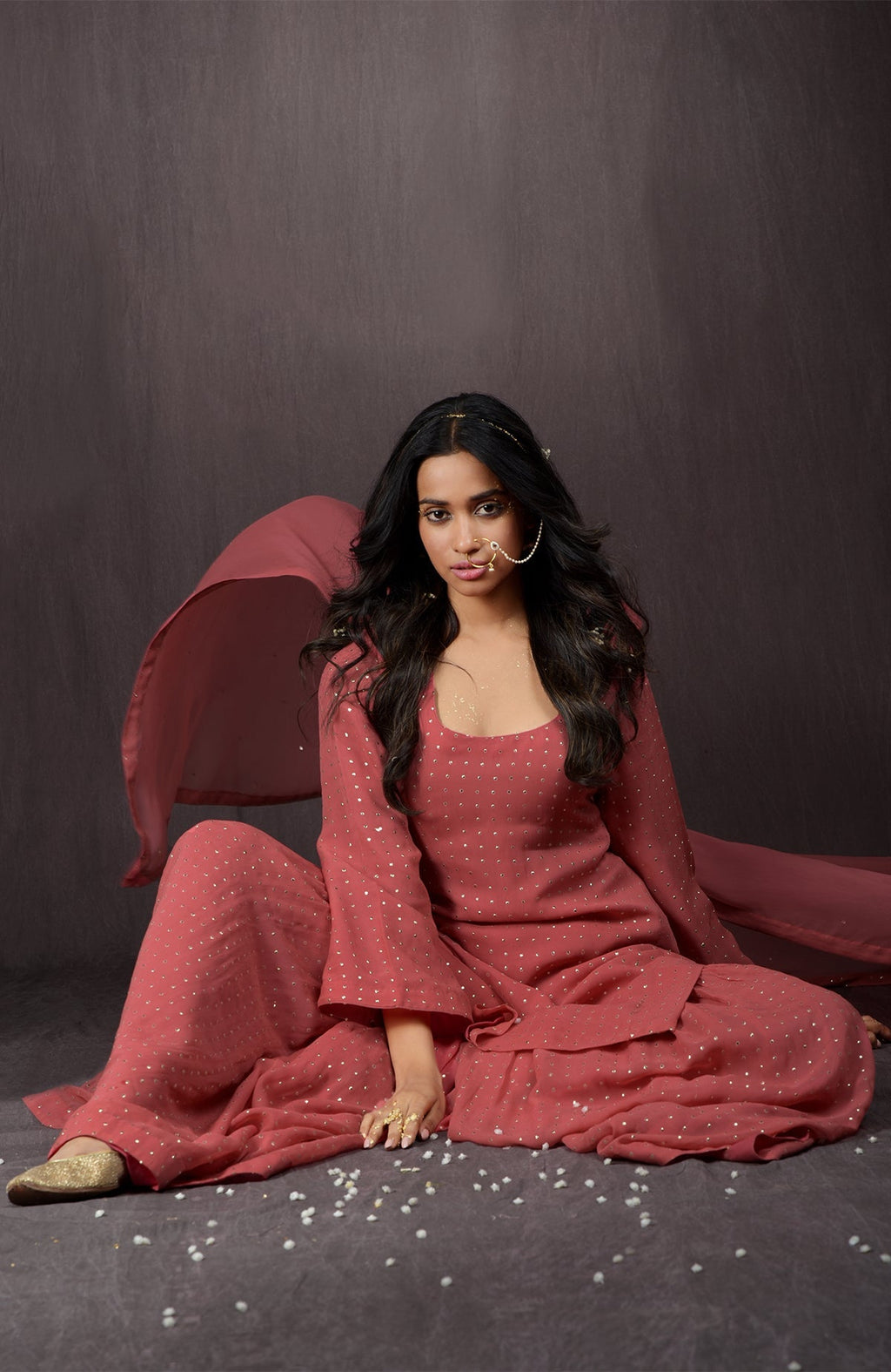 Desert Rose gold embellished georgette sharara set with scoop neckline and sequin dupatta.