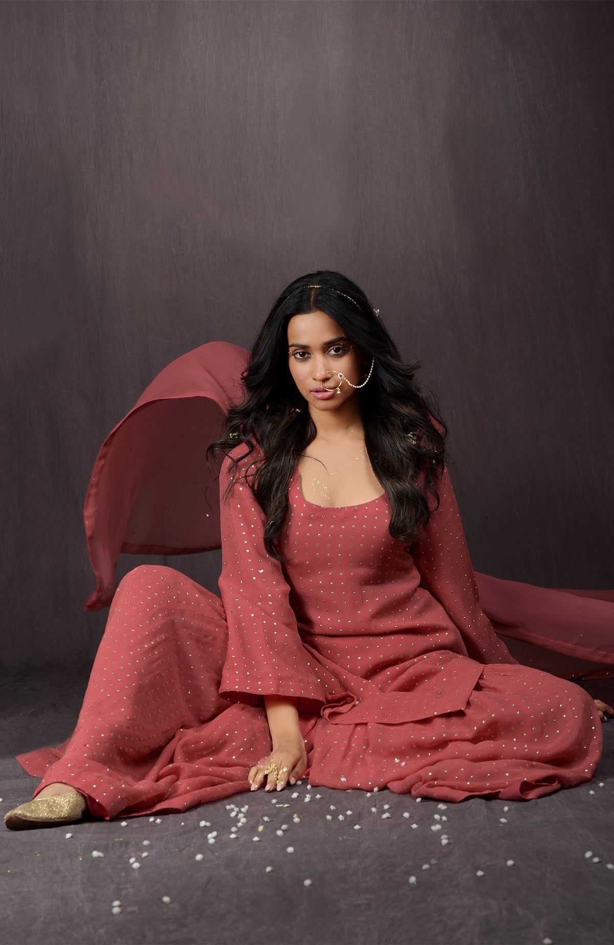 Desert Rose gold embellished georgette sharara set with scoop neckline and sequin dupatta.