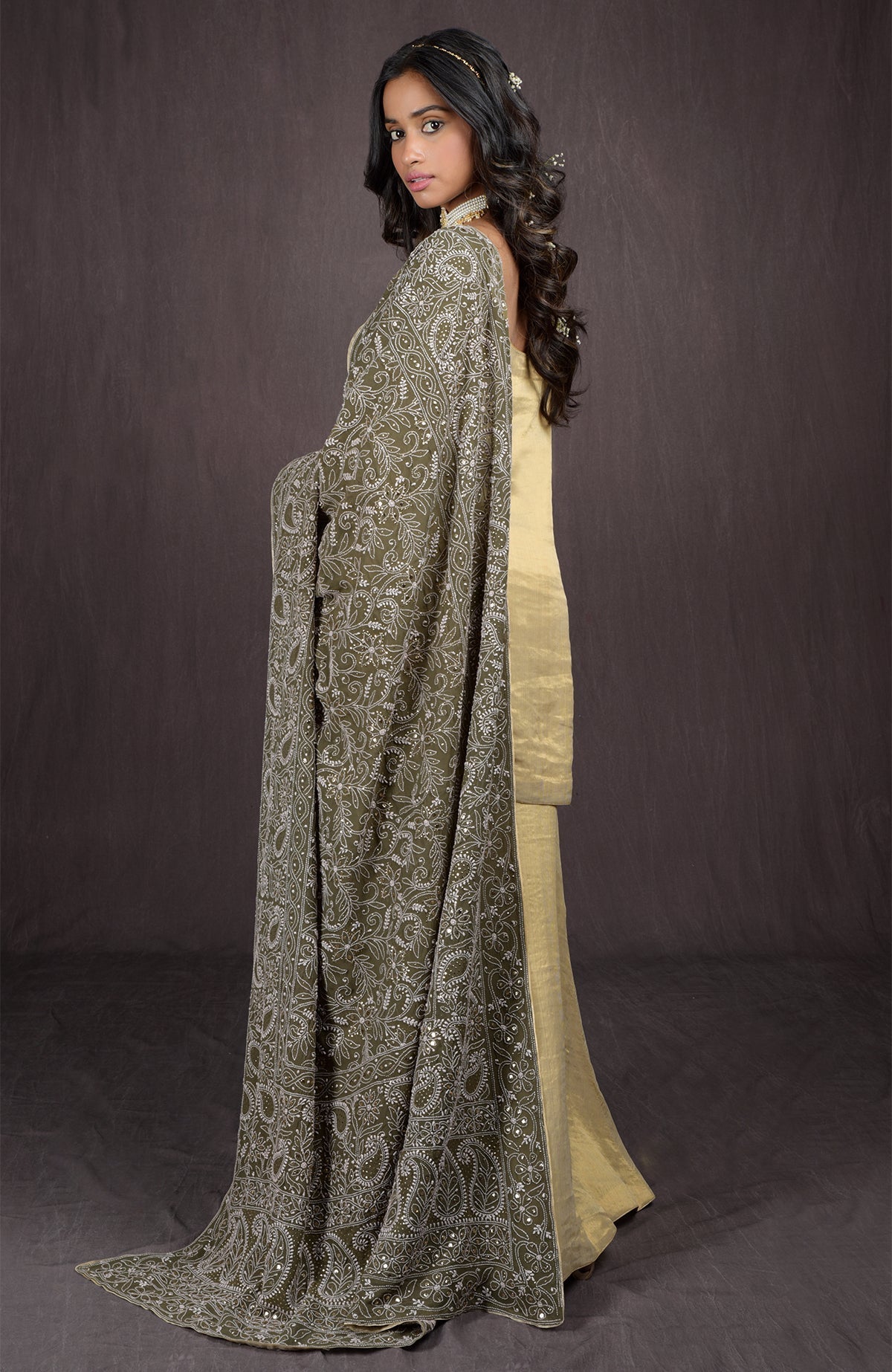 Olive green pure georgette dupatta with hand embroidered Chikankari and kamdani work all over.