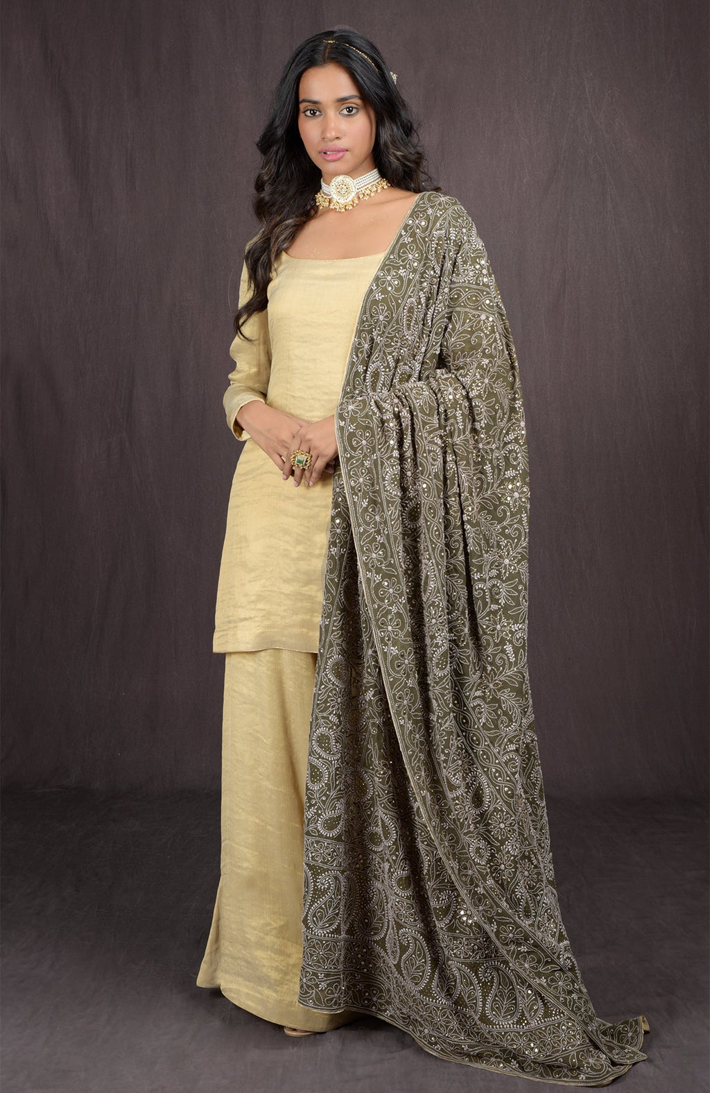 Olive green pure georgette dupatta with intricate hand embroidered Chikankari and kamdani designs.