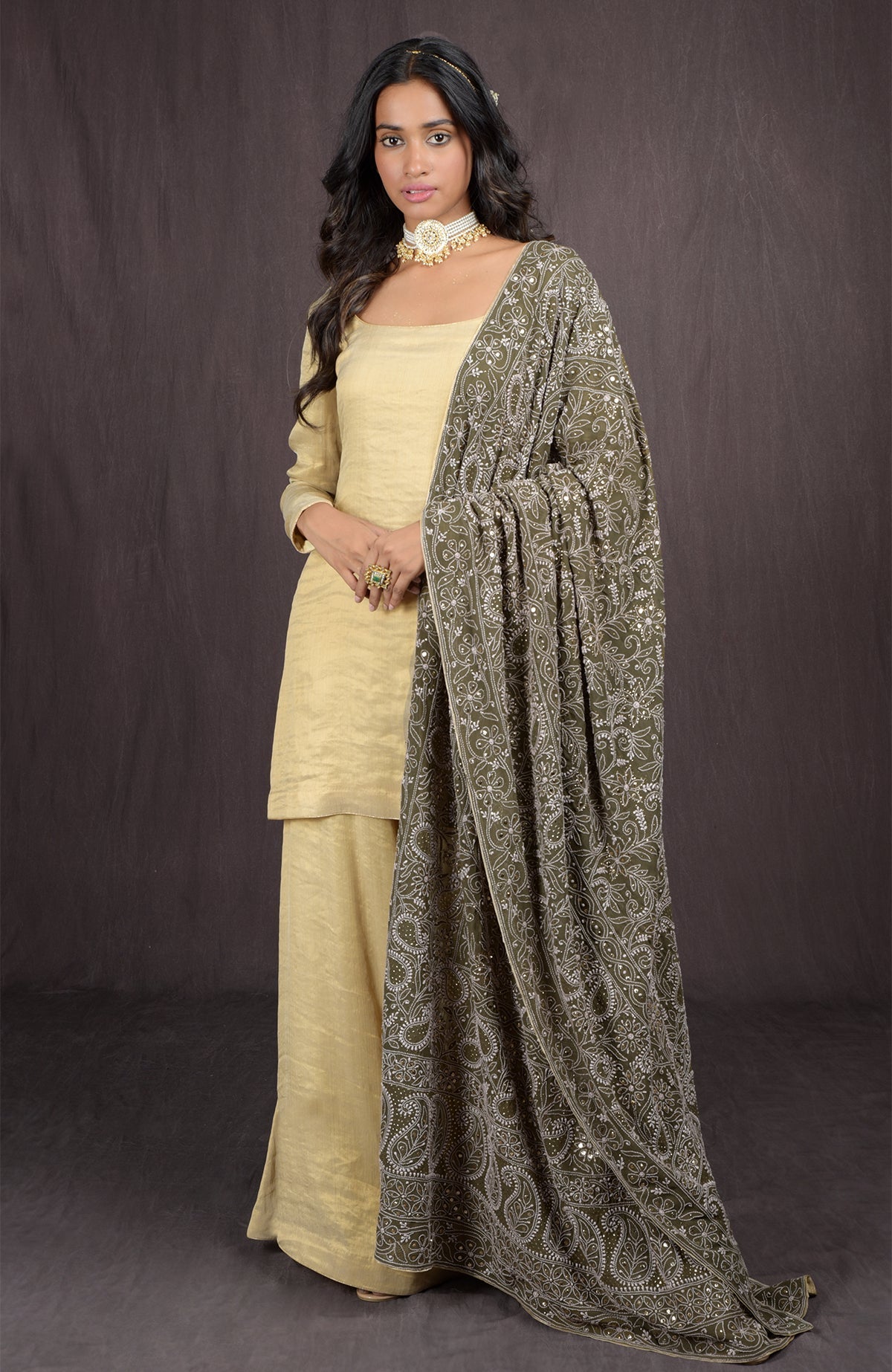 Olive green pure georgette dupatta with intricate hand embroidered Chikankari and kamdani designs.