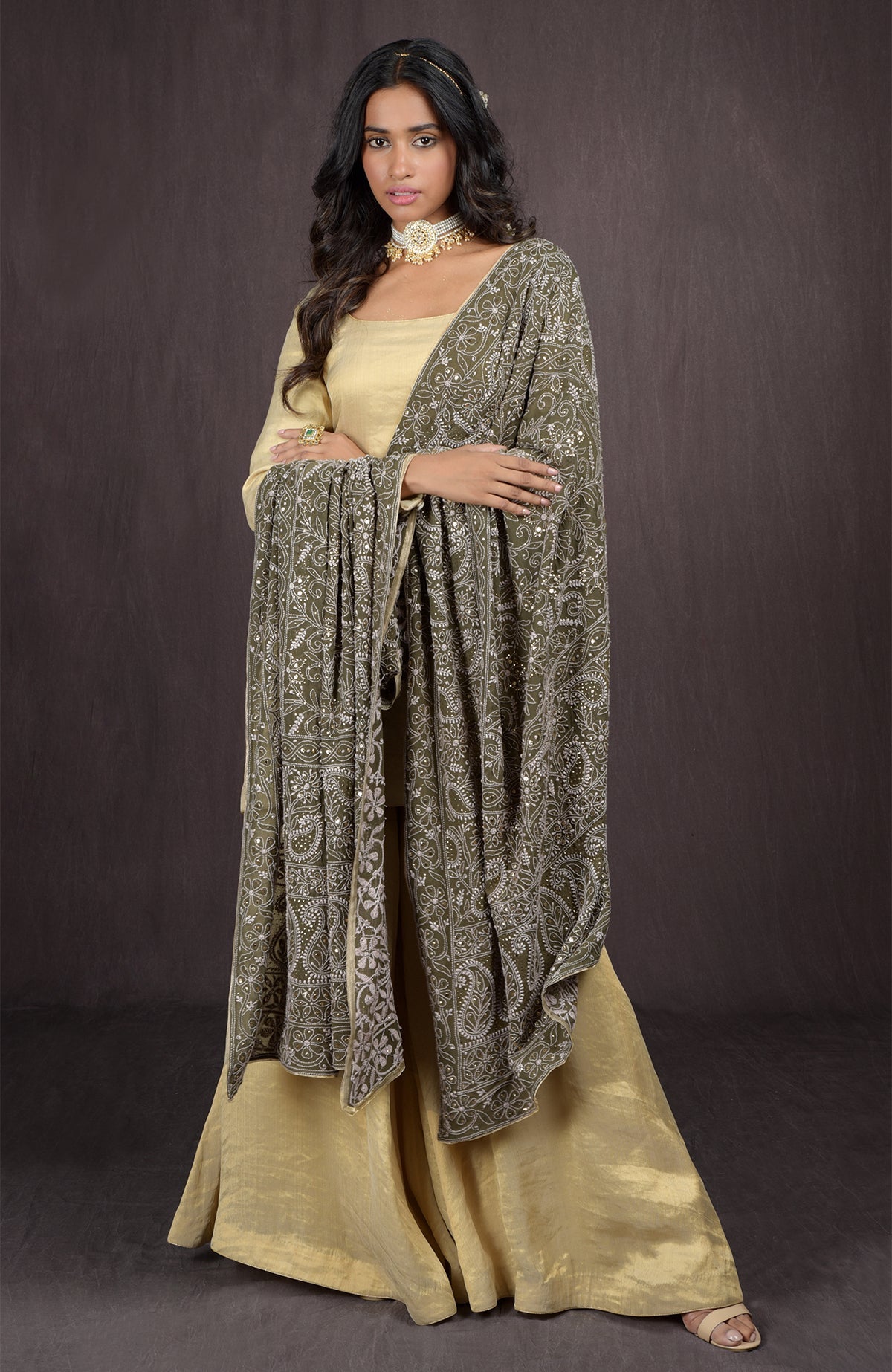 Olive green pure georgette dupatta with intricate Chikankari and kamdani hand embroidery all over.