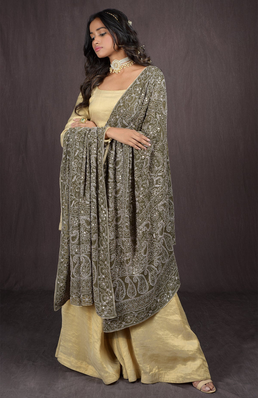 Olive green pure georgette dupatta with intricate Chikankari and kamdani hand embroidery all over.
