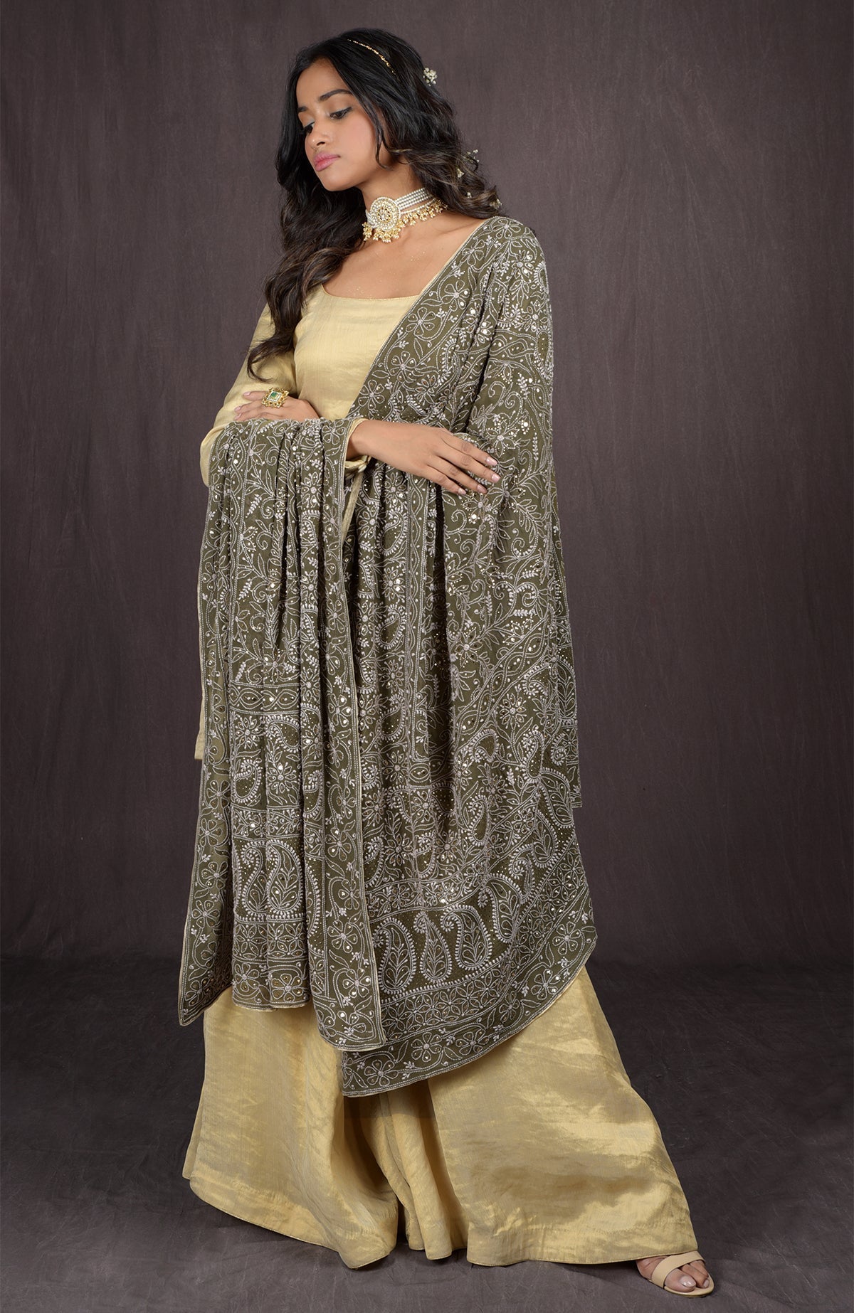 Olive green pure georgette dupatta with intricate Chikankari and kamdani hand embroidery all over.
