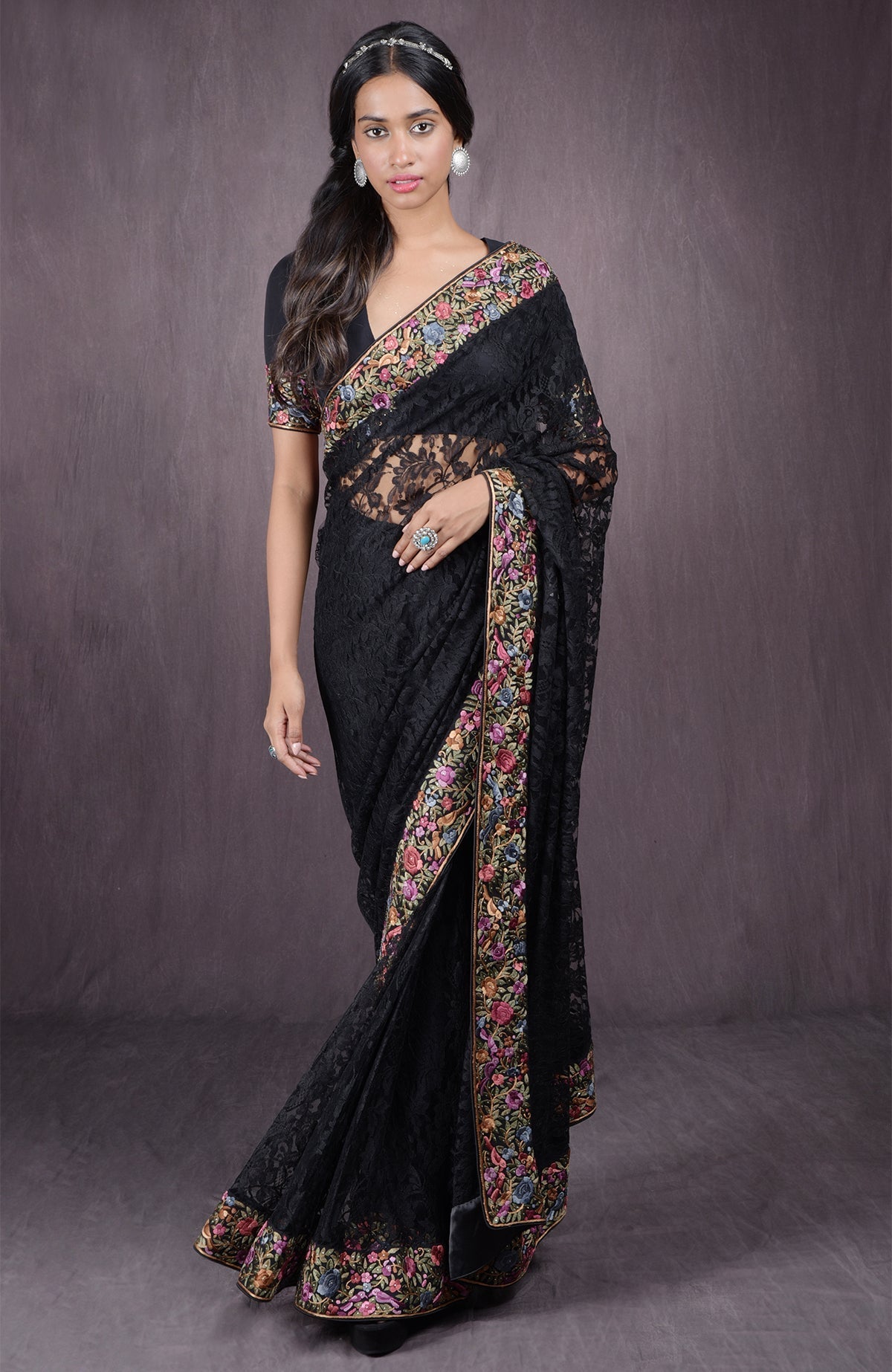 Black French Chantilly lace saree with multicolor Parsi Gara embroidery and Swarovski crystals