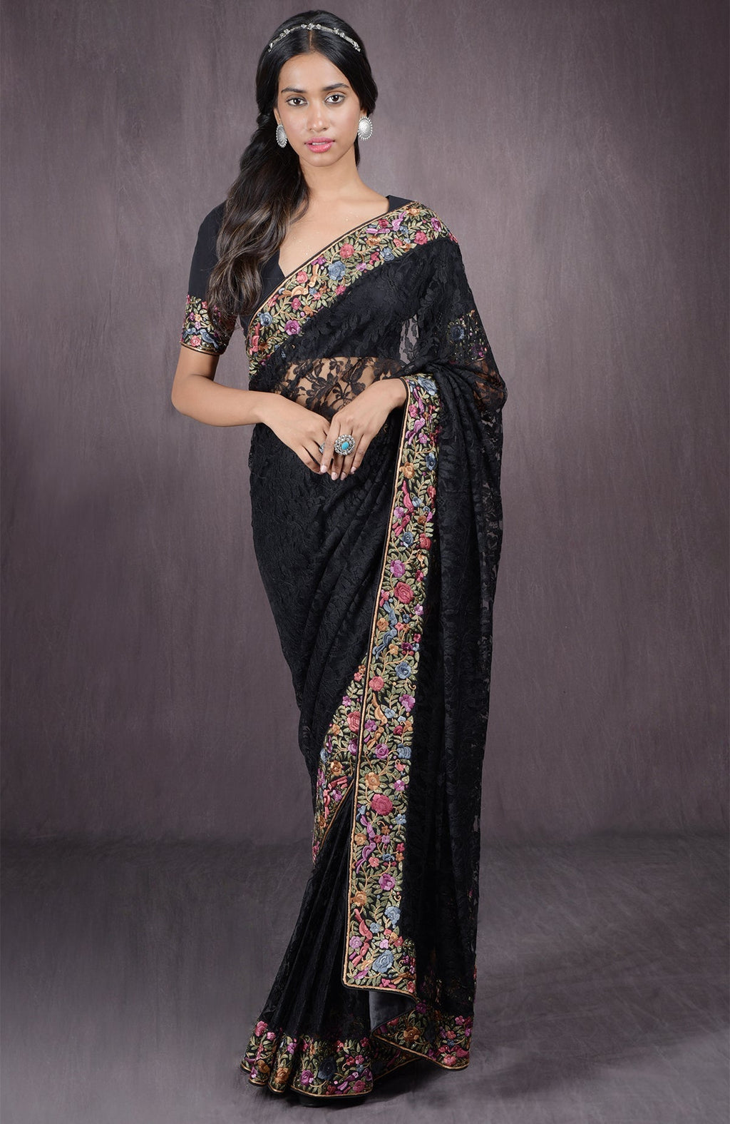 Black French Chantilly lace saree with multicolor Parsi Gara embroidery and Swarovski crystals