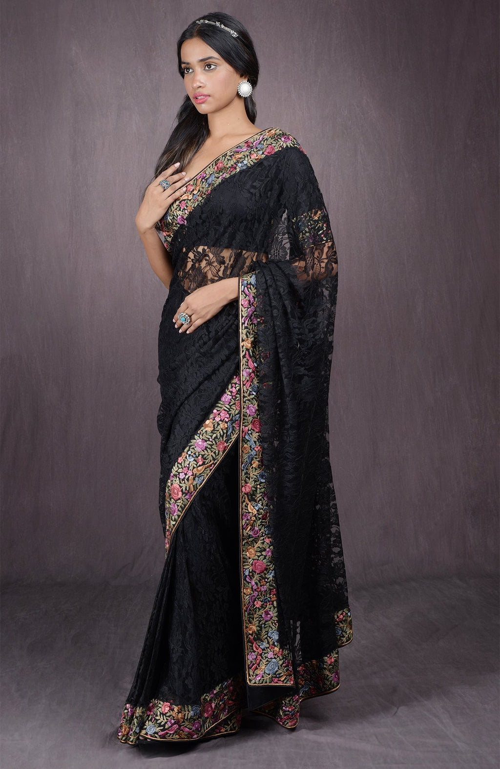 Black French Chantilly lace saree with multicolor Parsi Gara embroidery and Swarovski crystals