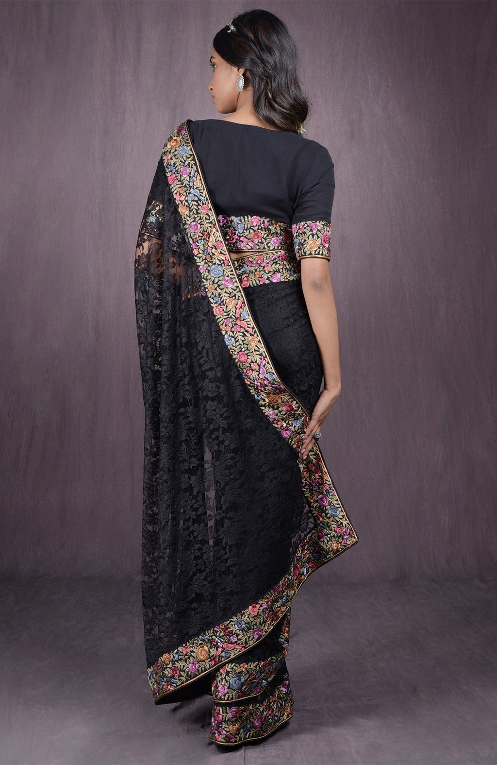 Black French Chantilly lace saree with multicolor Parsi Gara embroidery and Swarovski crystals