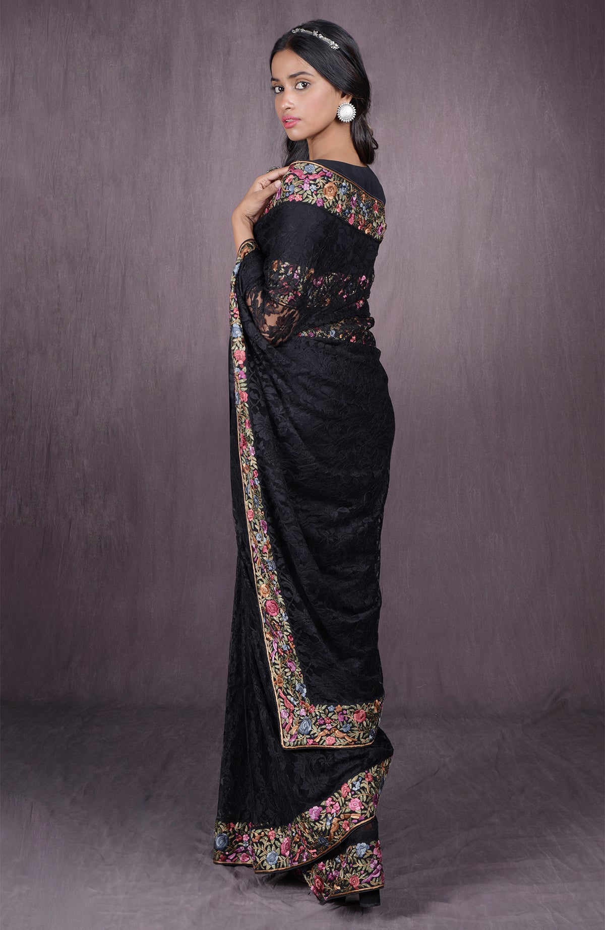 Black French Chantilly lace saree with multicolor Parsi Gara embroidery and Swarovski crystals