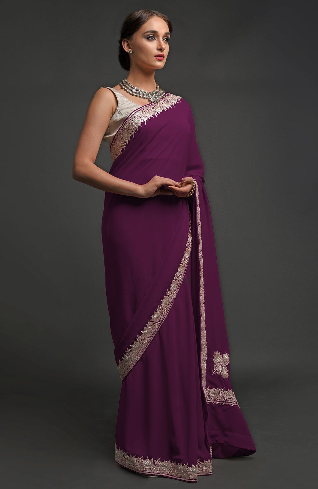 Plum georgette saree with silver Kashmiri tilla lotus embroidery on pallav and borders