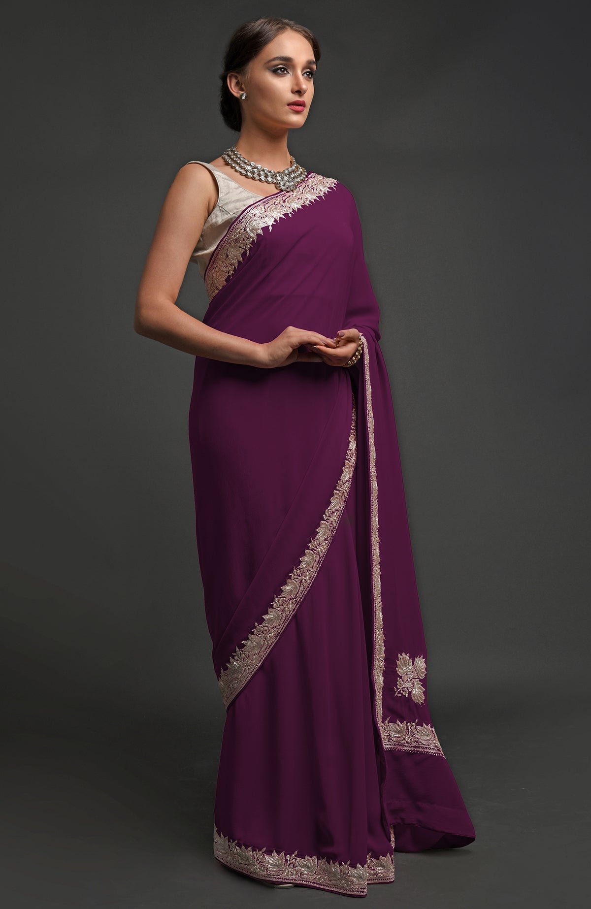 Plum georgette saree with silver Kashmiri tilla lotus embroidery on pallav and borders