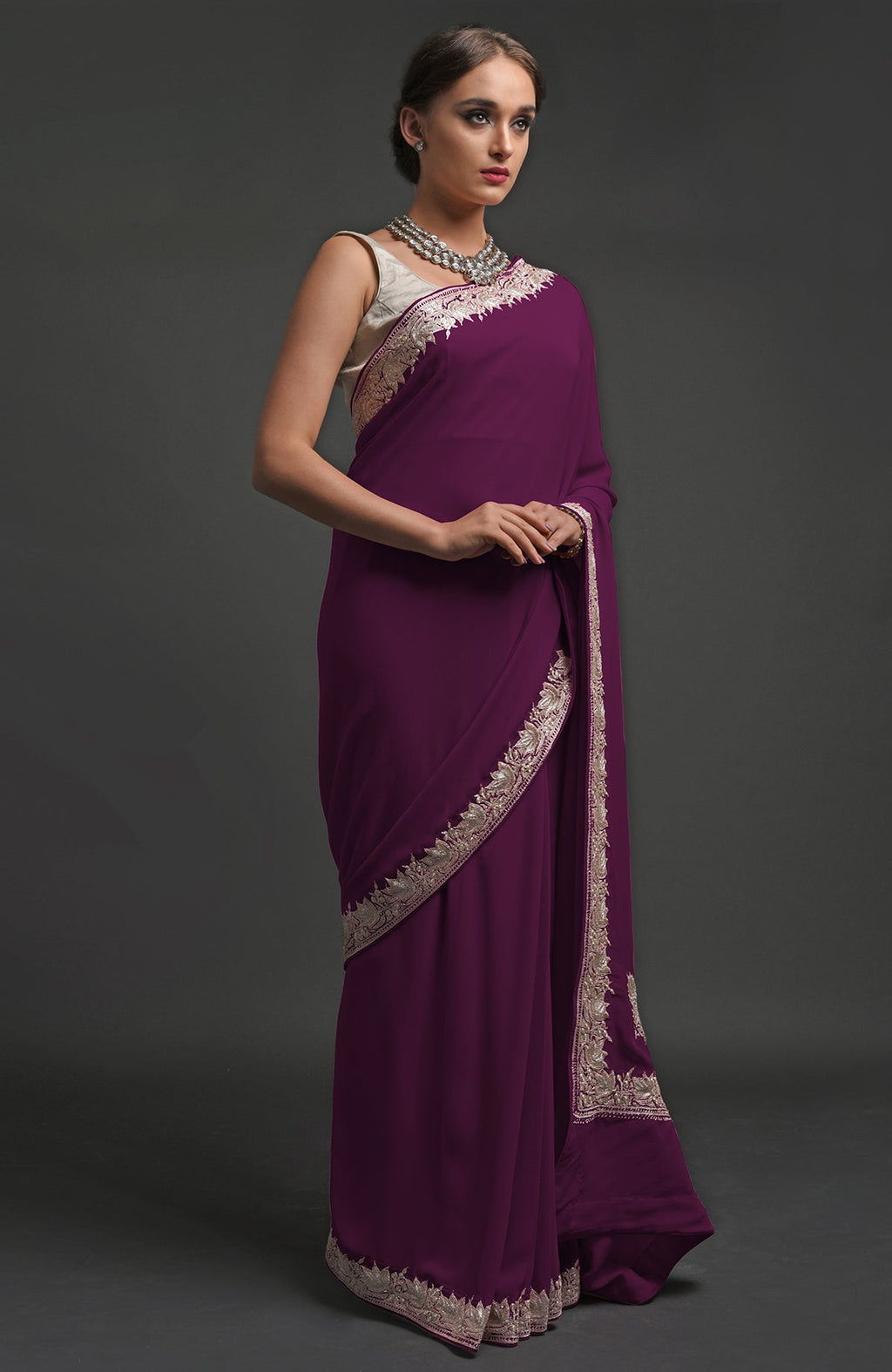 Plum georgette saree with silver Kashmiri tilla lotus embroidery on pallav and borders