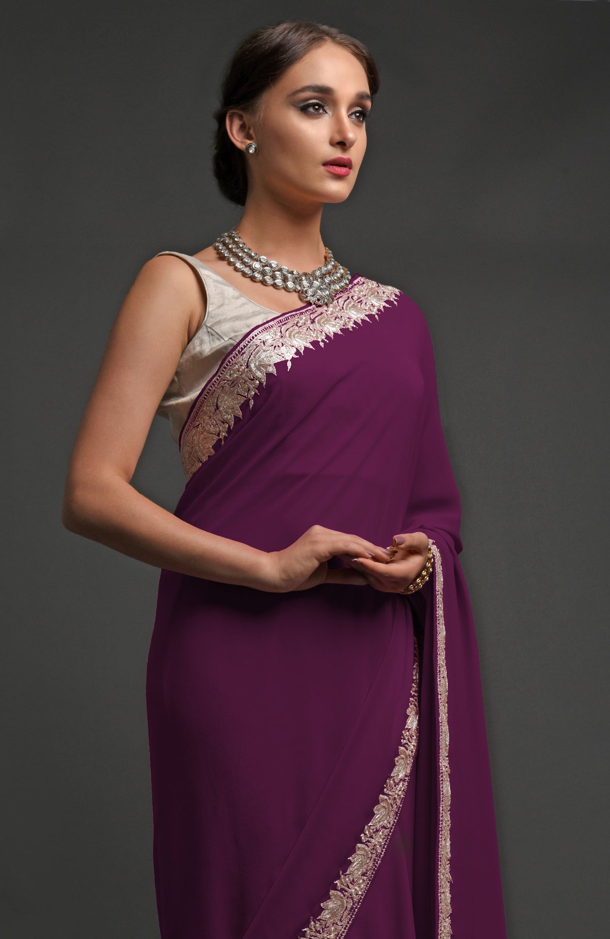 Plum georgette saree with silver Kashmiri tilla lotus embroidery on pallav and borders