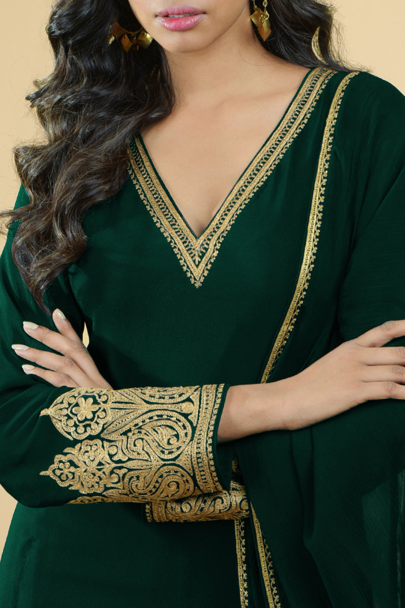 Emerald green crepe sharara set with gold Kashmiri tilla aari floral and paisley embroidery