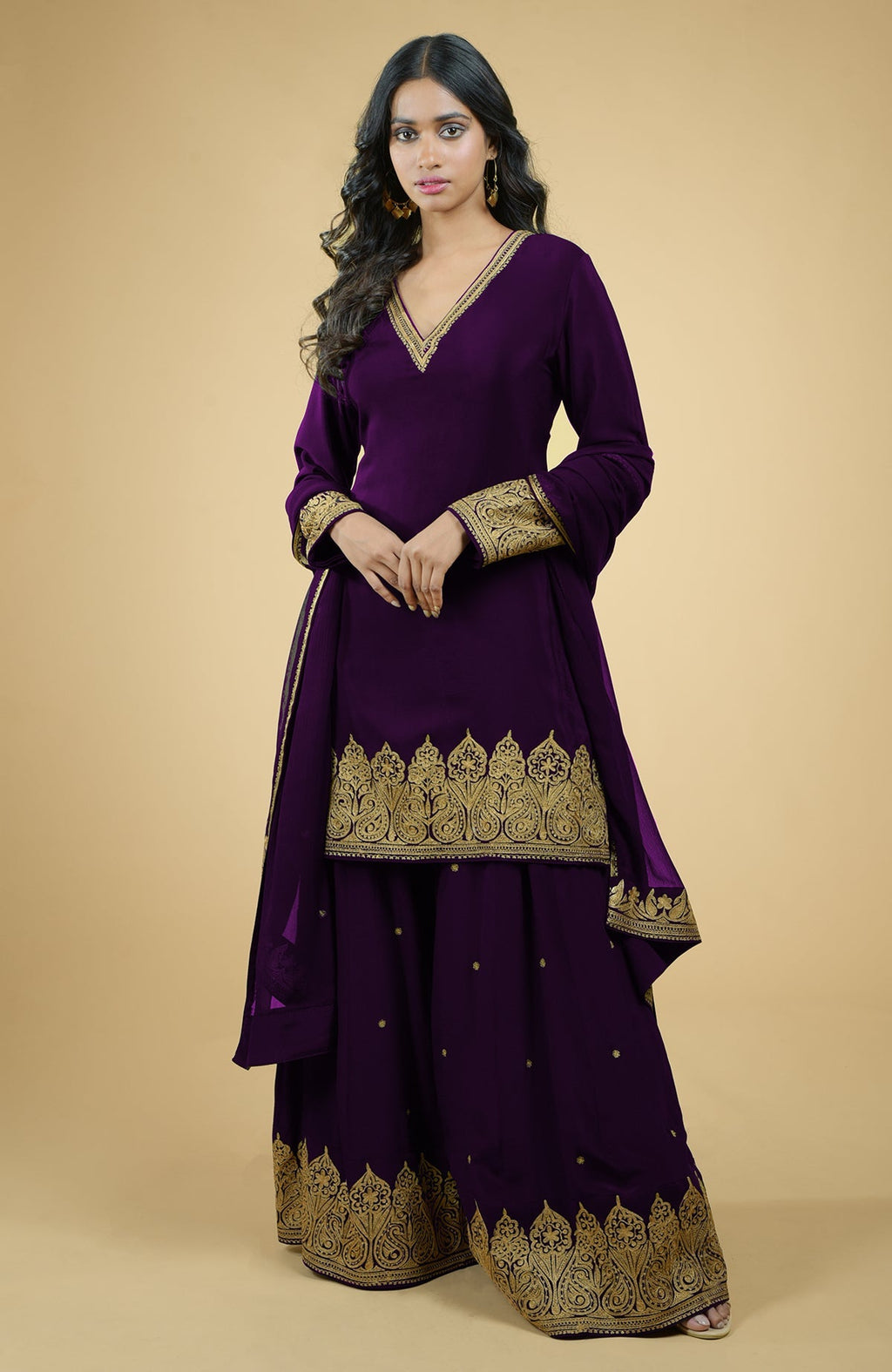 Plum crepe sharara set with gold Kashmiri tilla aari embroidery and chiffon dupatta