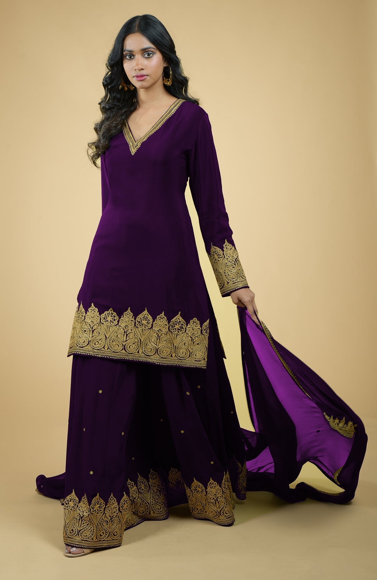 Plum crepe sharara set with gold Kashmiri tilla aari embroidery and chiffon dupatta
